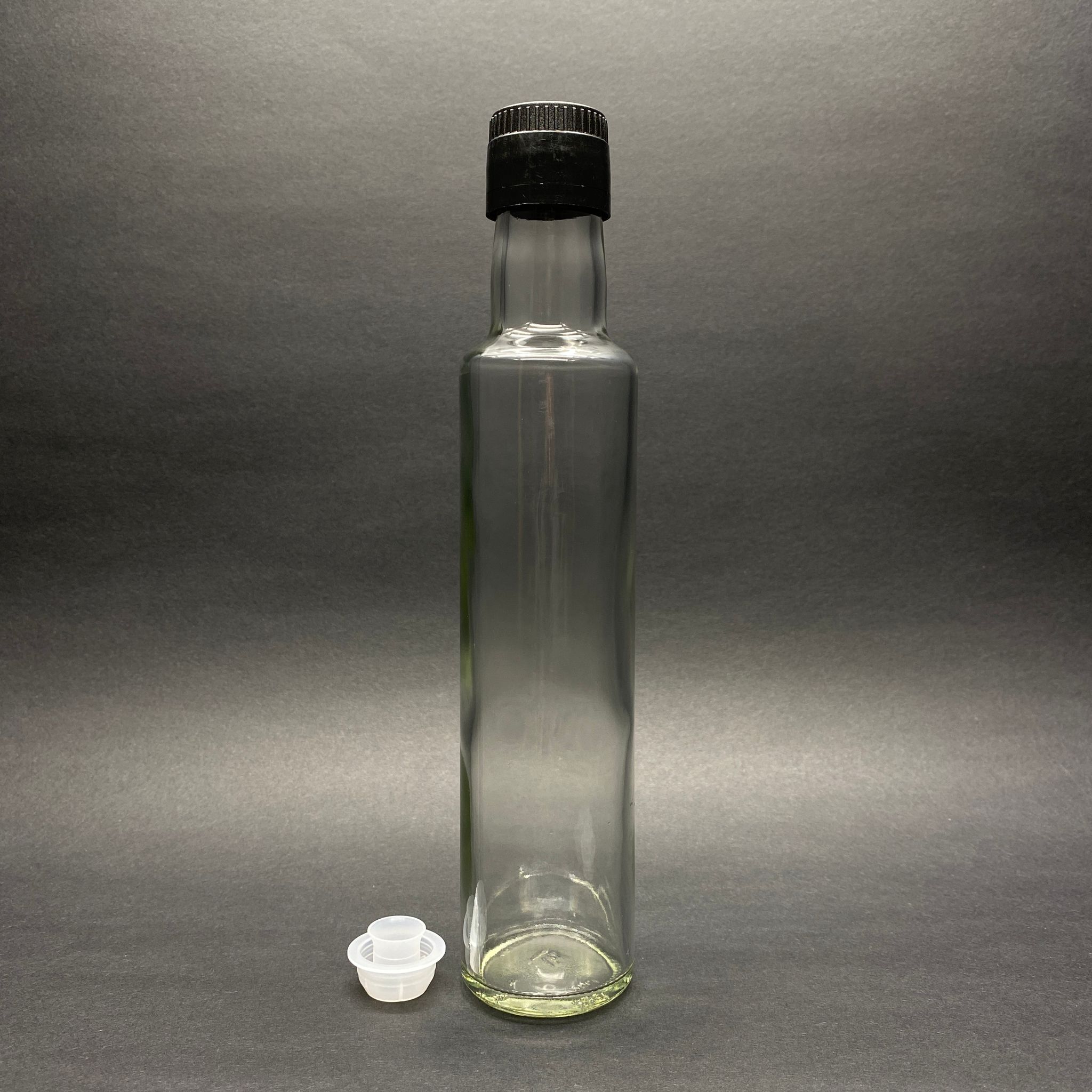 250 Cc Dorika Cam Şişe - Siyah Kilitli Drop - Stop Akıtıcılı Kapaklı - 250 Ml Şeffaf Dorika Şişe
