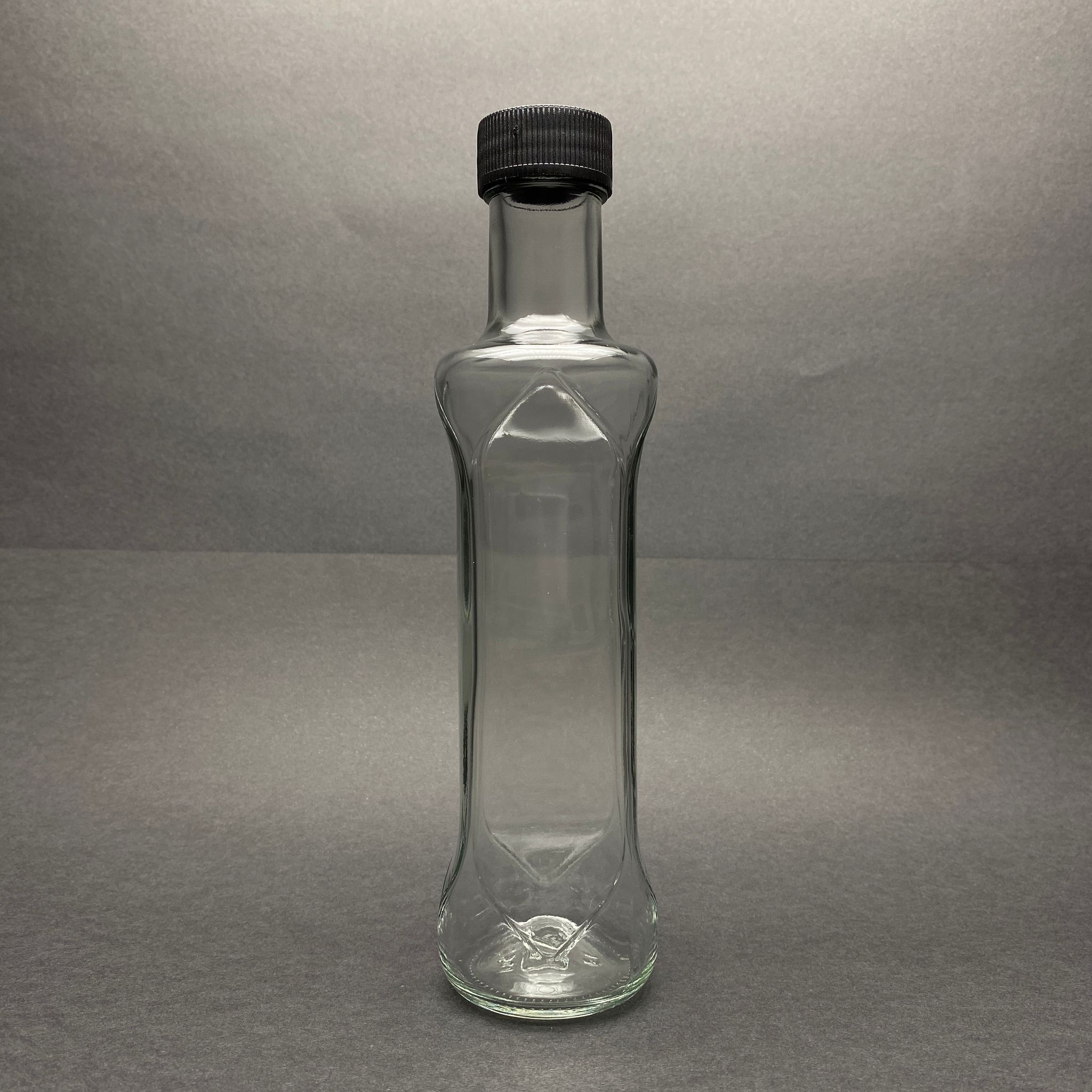 250 Cc Dorika Desenli Oval Cam Şişe - Siyah Plastik Kapaklı - 250 Ml Yağ Şişesi - Sirke Şişesi