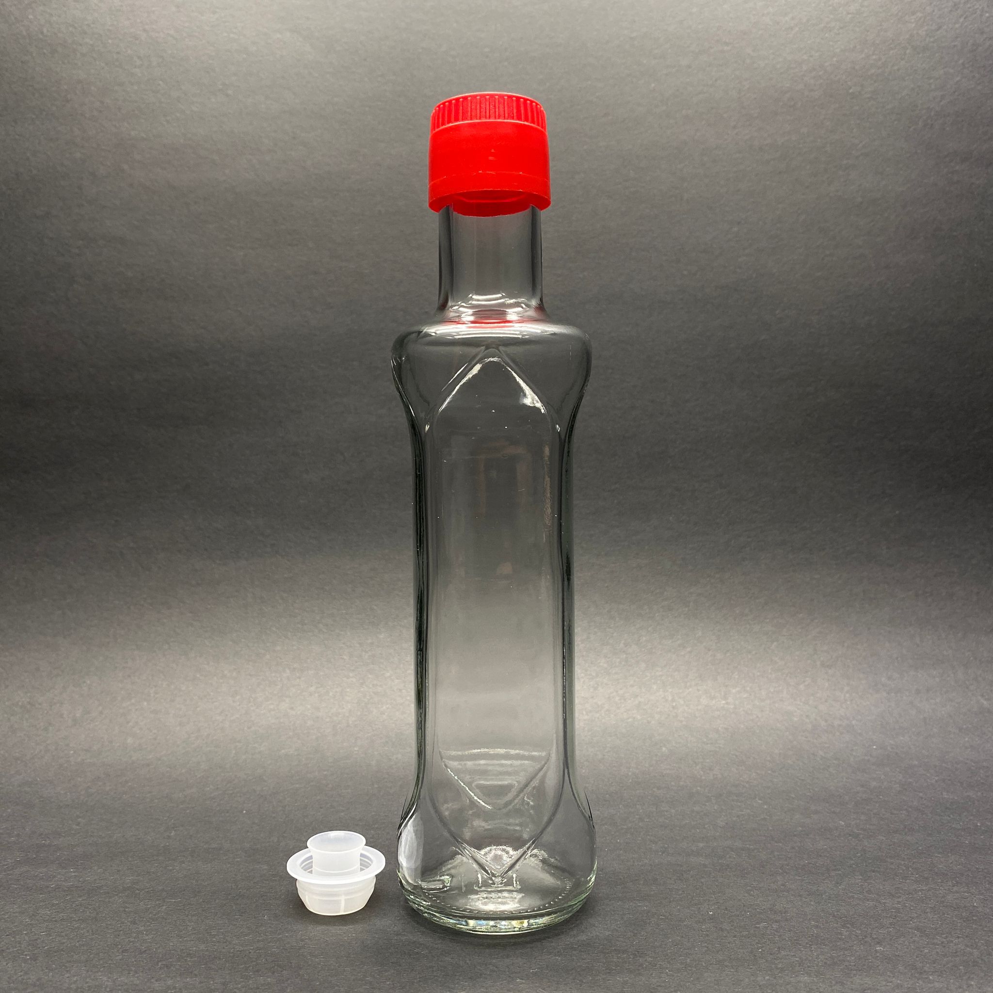 250 Cc Dorika Oval Desenli Cam Şişe - Kırmızı Drop - Stop Kilitli Akıtıcılı Plastik Kapaklı - 250 Ml Yağ Şişesi - Sirke Şişesi