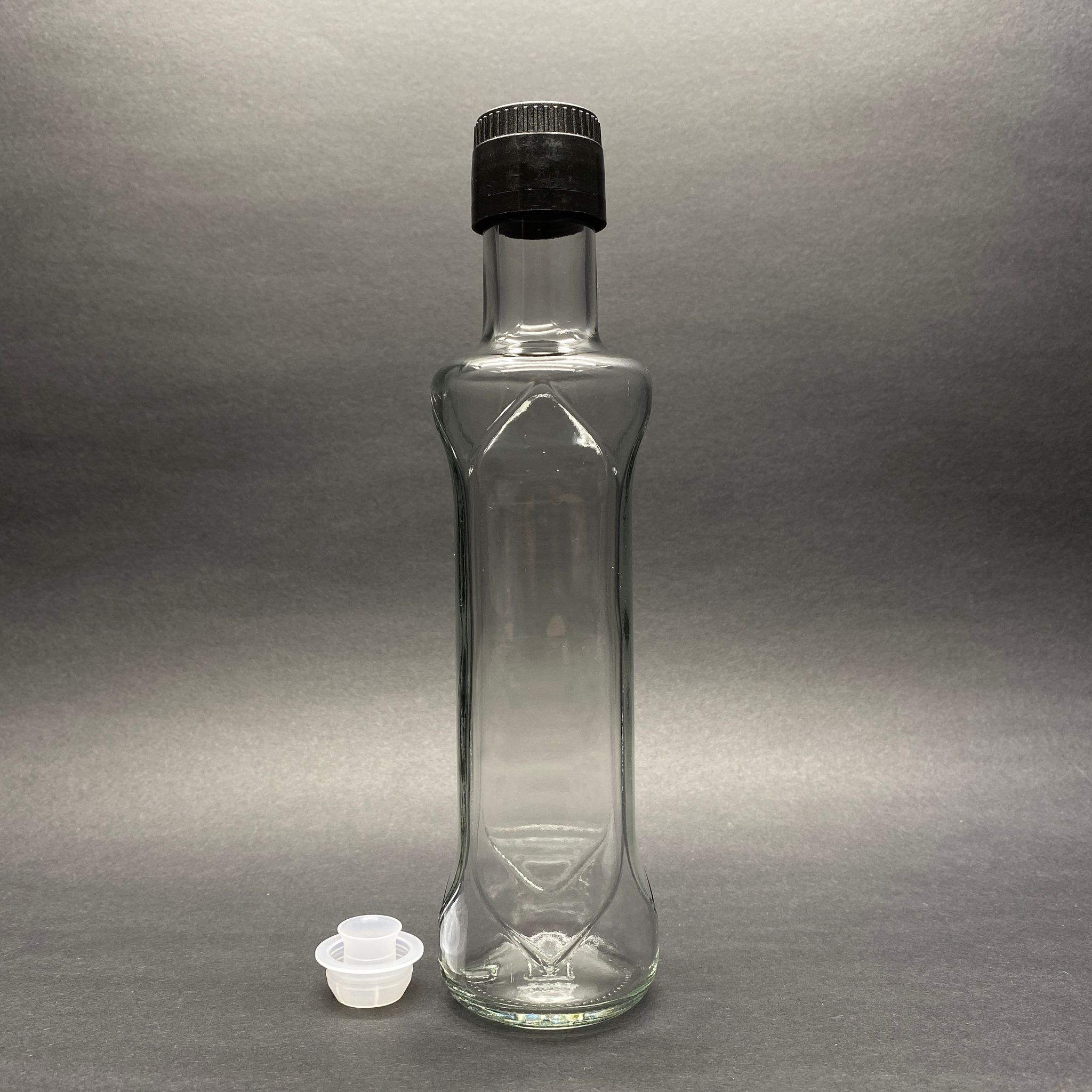 250 Cc Dorika Oval Desenli Cam Şişe - Siyah Drop - Stop Kilitli Akıtıcılı Plastik Kapaklı - 250 Ml Yağ Şişesi - Sirke Şişesi