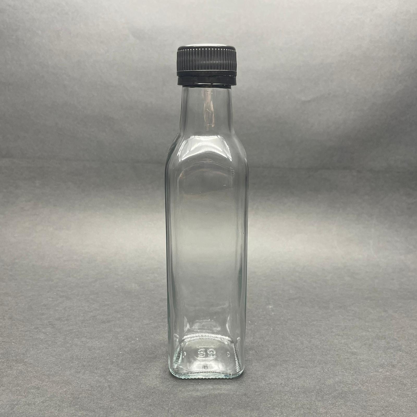 250 Cc Maraska Cam Şişe - Siyah Kilitli Plastik Kapaklı - 250 Ml Köşeli Yağ Şişesi - Sirke Şişesi -  Kapak Markası Berıcap
