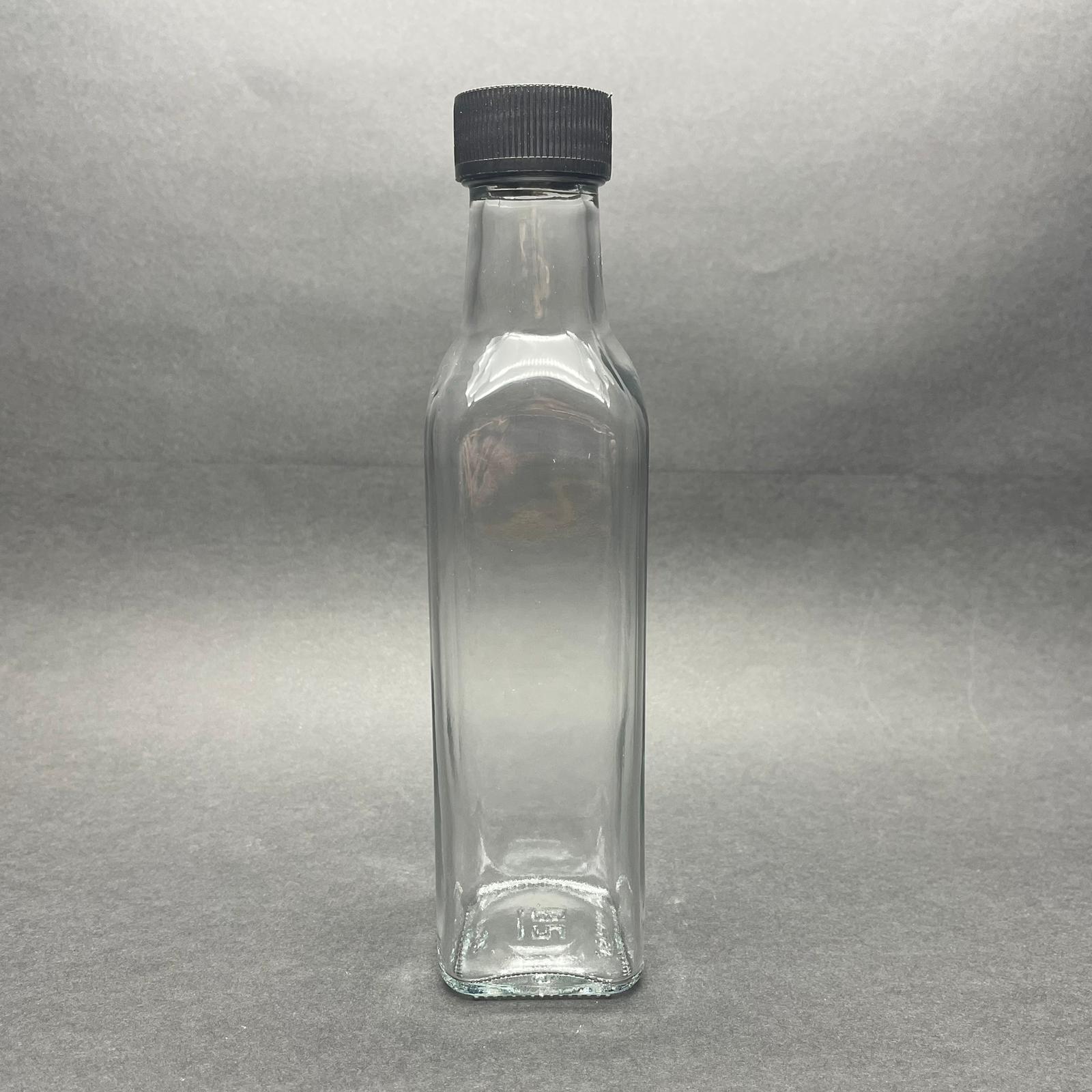 250 Cc Maraska Cam Şişe - Siyah Plastik Kapaklı - 250 Ml Köşeli Yağ Şişesi - Sirke Şişesi