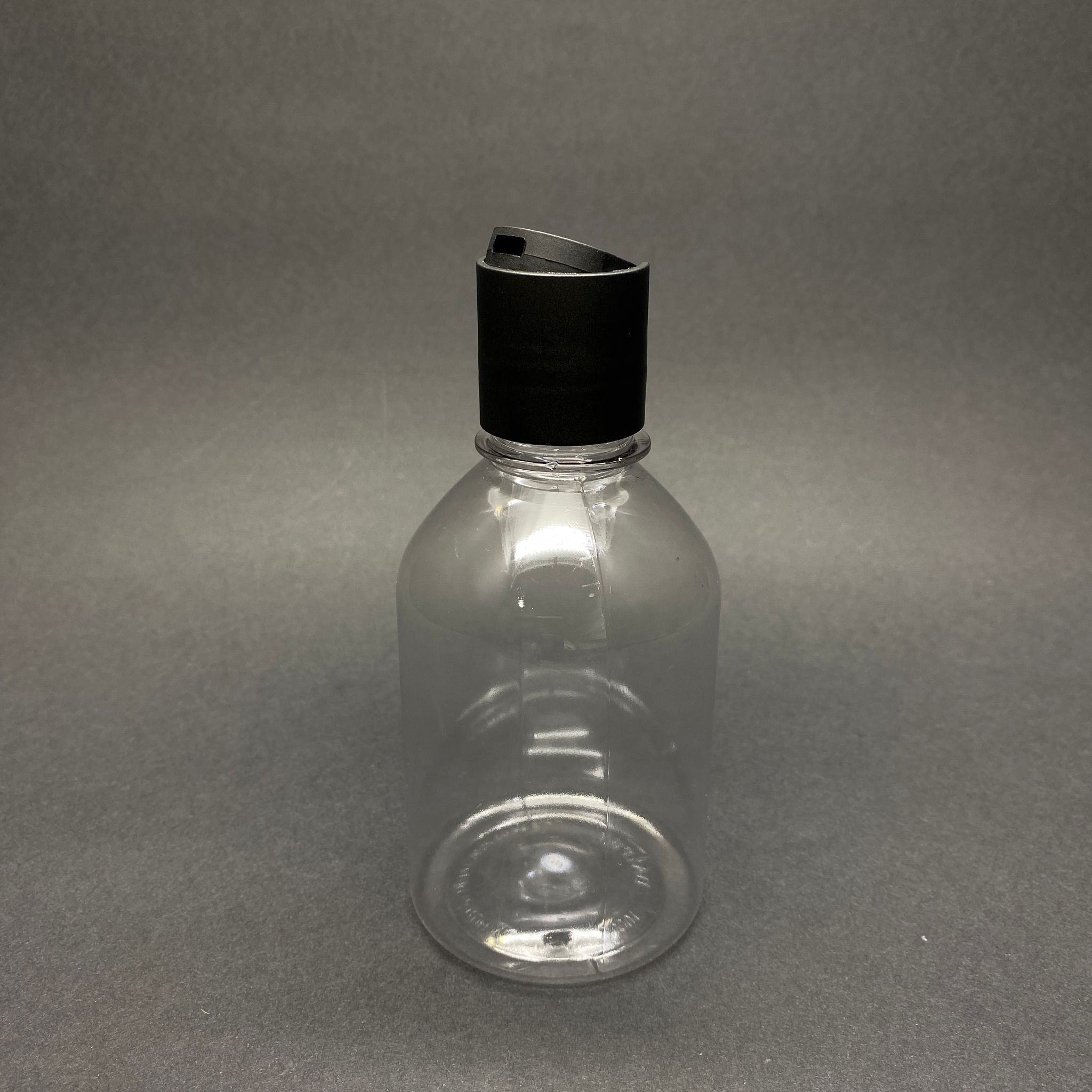 250 Cc Pet Şampuan Şişesi - Şeffaf Tombul Model  - Siyah Disktop Kapaklı - 250 Ml Boş Plastik Şampuan Şişesi