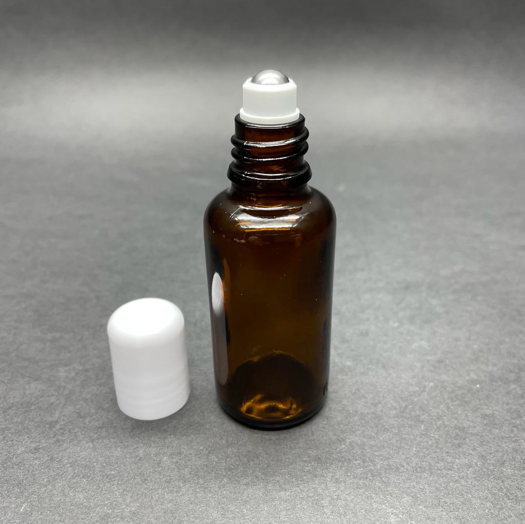 30 Cc Amber Cam Roll-On Şişesi - Beyaz Kapaklı -  30 Ml Çelik Bilyeli Şişe - Cam Roll On Şişe - Cam Esans Şişesi