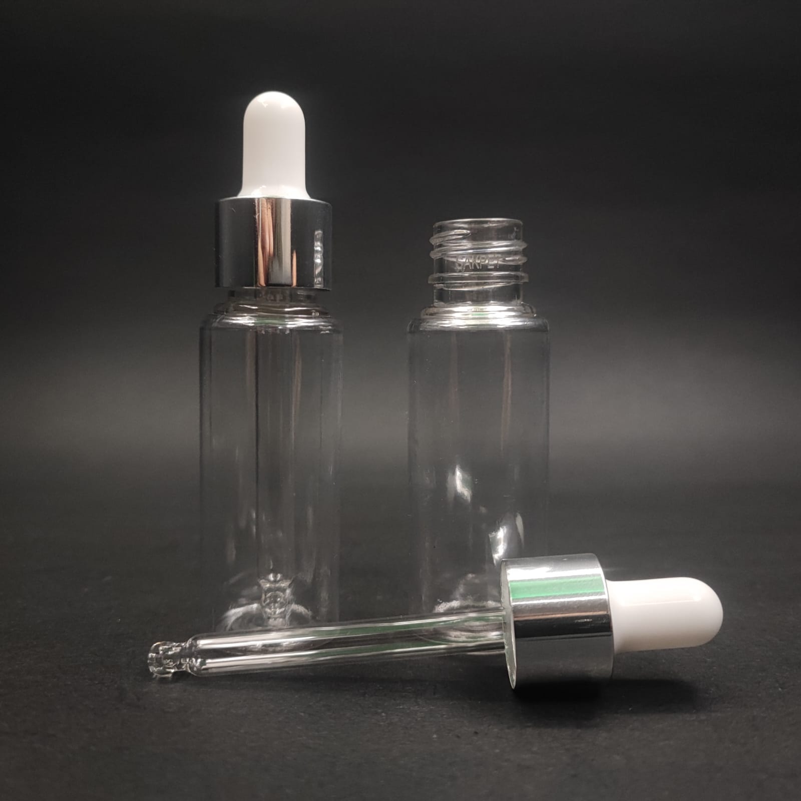 30 Cc Cam Damlalıklı Şeffaf Plastik Şişe - 30 Ml Dropper Pet Şişe + Beyaz Emzik + Gümüş Kapak + Cam Pipet Set