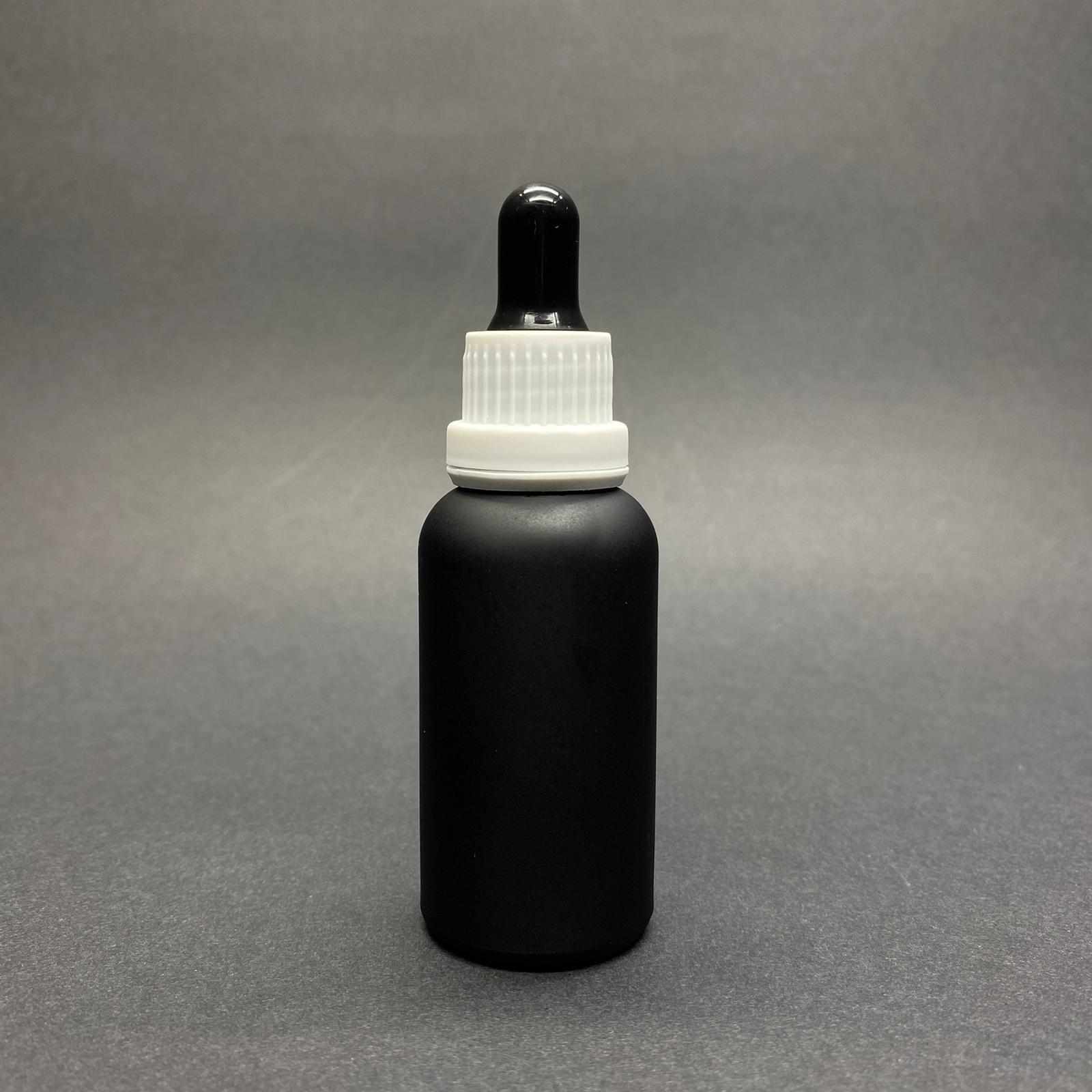 30 Cc Mat Siyah Boyalı Cam Damlalıklı Şişe - Siyah Emzik - Beyaz Kilitli Kapak - 30 Ml Cam Damlalıklı Şişe