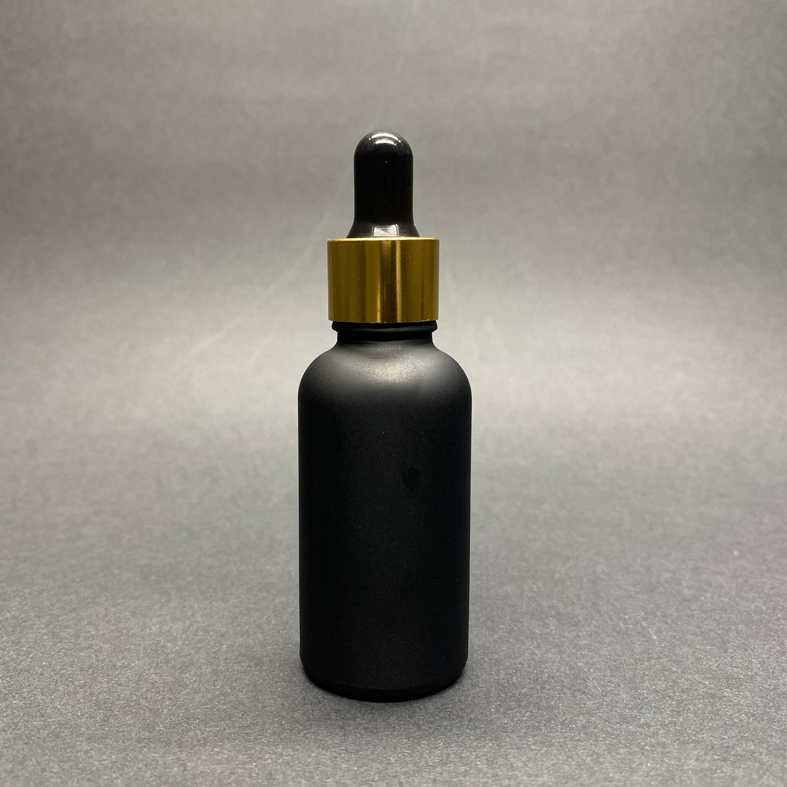 30 Cc Mat Siyah Boyalı Cam Damlalıklı Şişe - Siyah Emzik - Gold Metal Kapak - 30 Ml Cam Damlalıklı Şişe