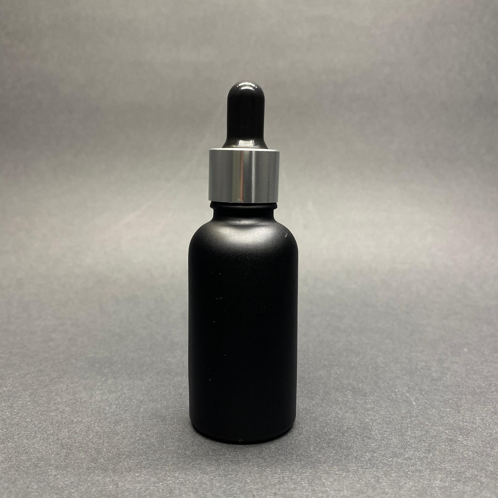 30 Cc Mat Siyah Boyalı Cam Damlalıklı Şişe - Siyah Emzik - Gümüş Metal Kapak - 30 Ml Cam Damlalıklı Şişe