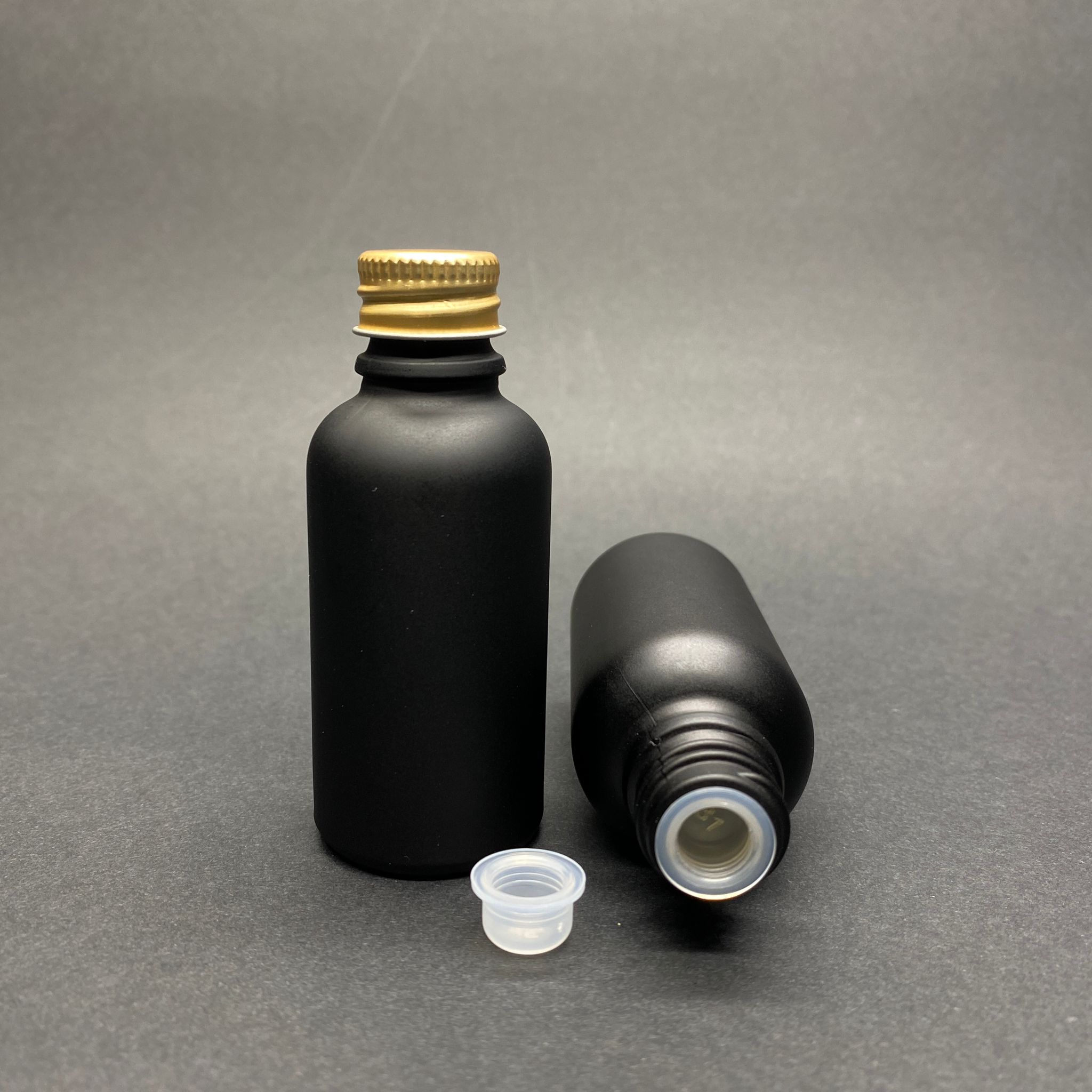 30 Cc Mat Siyah Boyalı Cam Şişe - Metal Gold Contalı Kapaklı - Kör Tıpalı Cam Şişe - 30 Ml Cam Şişe - Kapak + Kör Tıpa