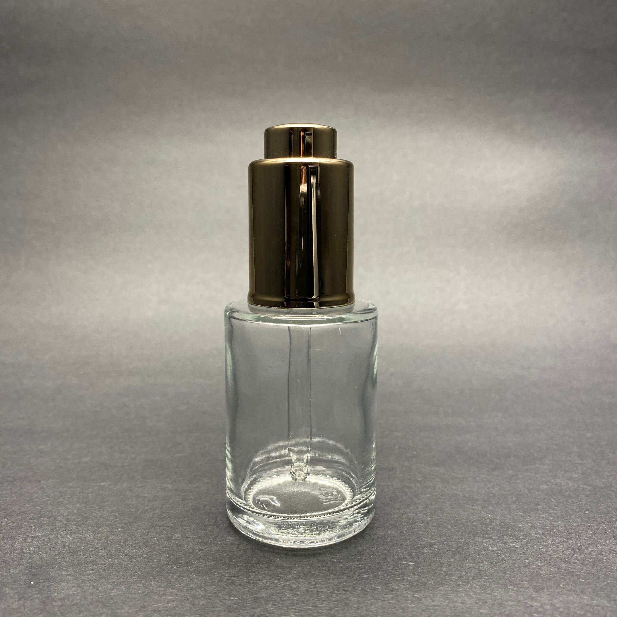 30 Cc Omuzlu Şeffaf Cam Şişe - Lüx Gold Basmalı Cam Damlalıklı Takım (Damlalığın İçinde Sızdırmaz Conta Mevcuttur) - 30 Ml Küt Boyunlu Cam Serum Şişesi