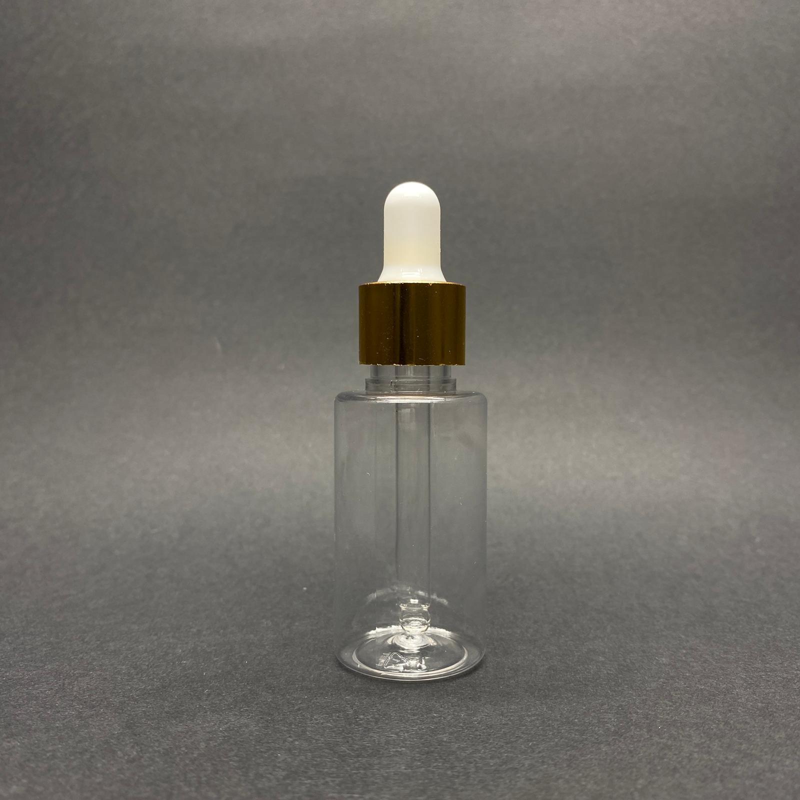 30 Cc Pet Şişe Silindir Kısa Model - Cam Damlalıklı (Beyaz Emzik, Gold Metal Delikli Kapak, Cam Pipet) - 30 Ml Cam Damlalıklı Pet Şişe