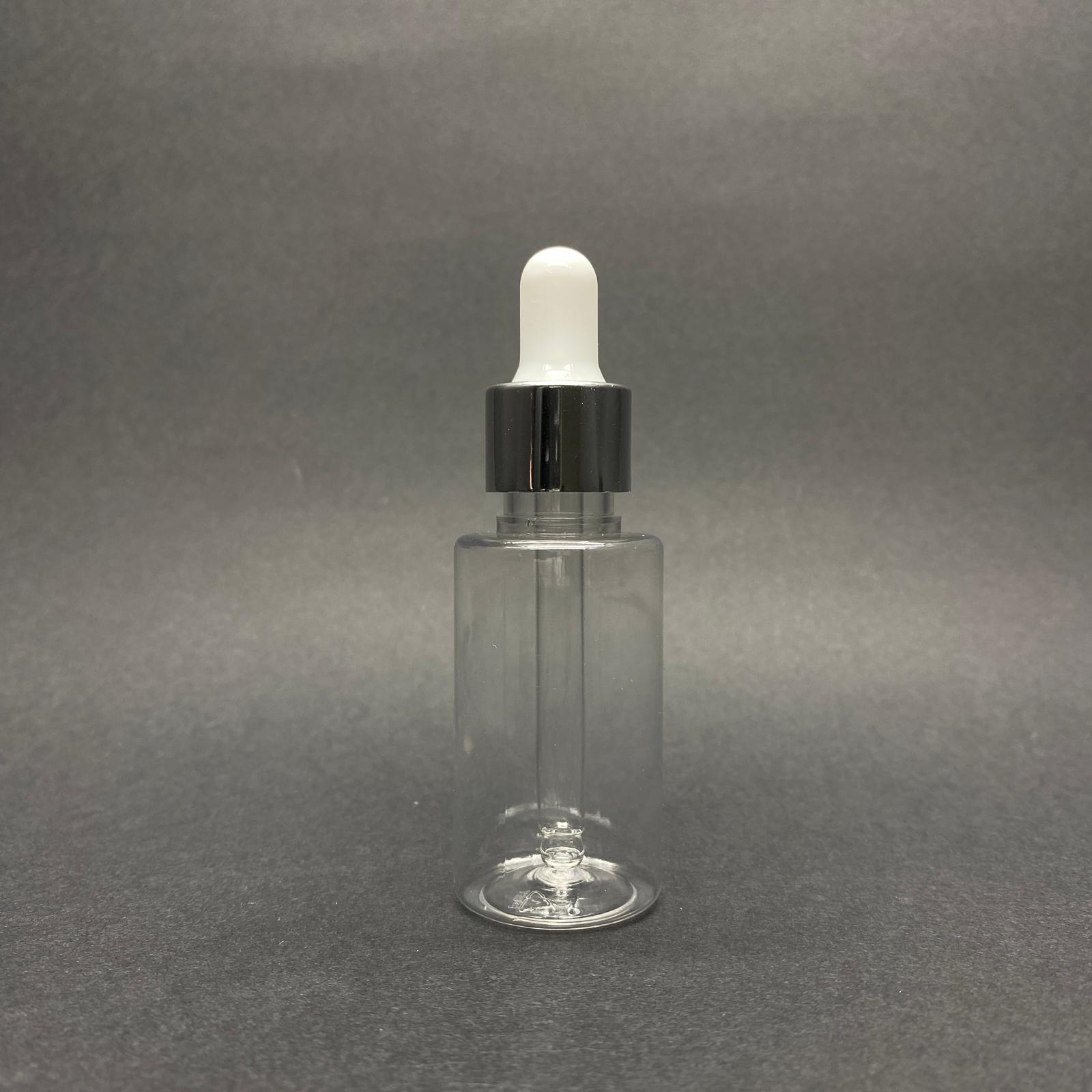 30 Cc Pet Şişe Silindir Kısa Model - Cam Damlalıklı (Beyaz Emzik, Gümüş Metal Delikli Kapak, Cam Pipet) - 30 Ml Cam Damlalıklı Pet Şişe