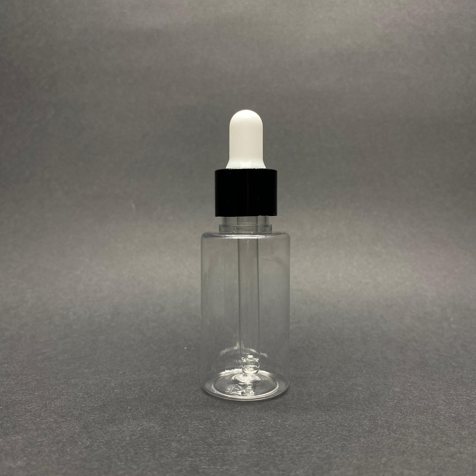 30 Cc Pet Şişe Silindir Kısa Model - Cam Damlalıklı (Beyaz Emzik, Siyah Metal Delikli Kapak, Cam Pipet) - 30 Ml Cam Damlalıklı Pet Şişe