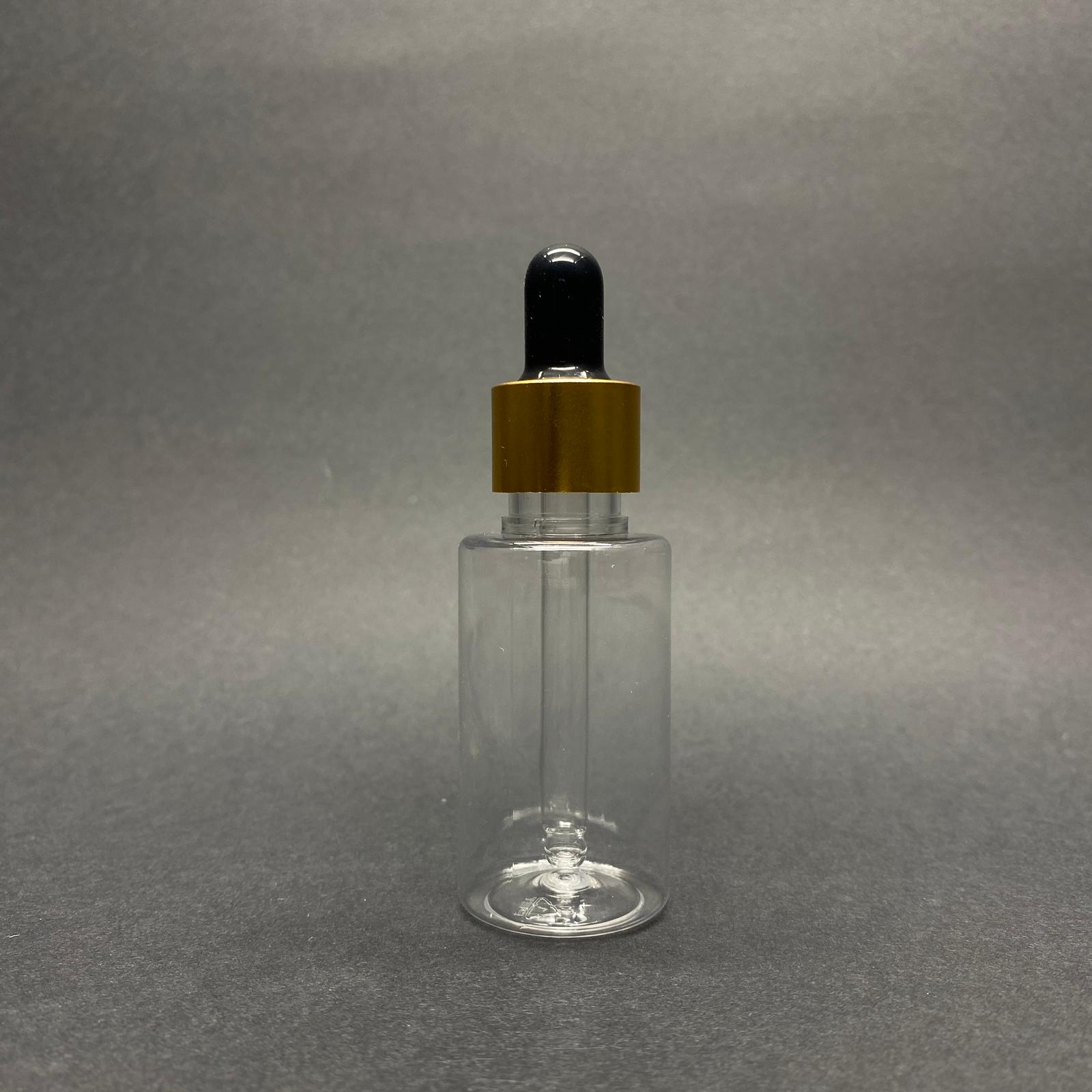 30 Cc Pet Şişe Silindir Kısa Model - Cam Damlalıklı (Siyah Emzik, Gold Metal Delikli Kapak, Cam Pipet) - 30 Ml Cam Damlalıklı Pet Şişe