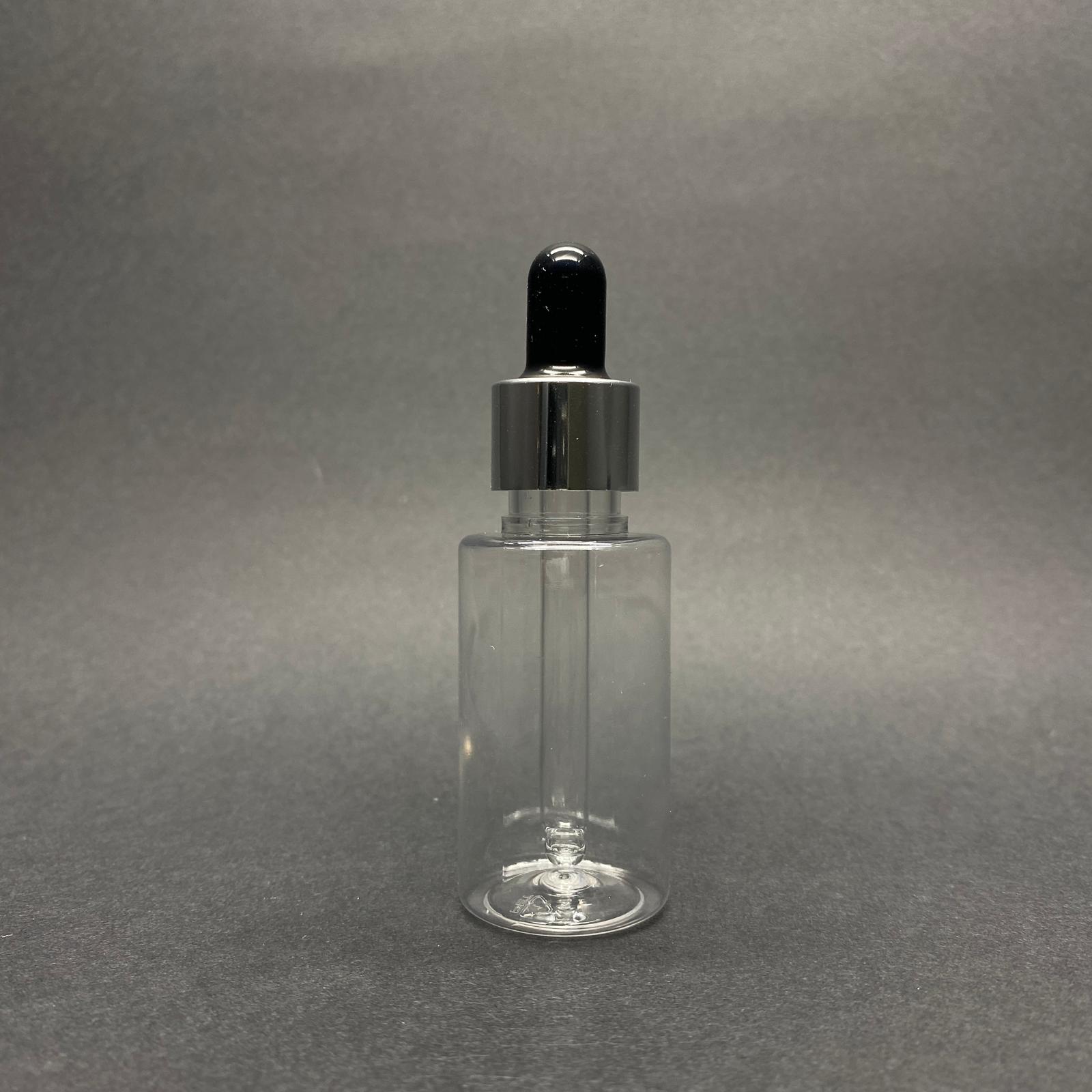 30 Cc Pet Şişe Silindir Kısa Model - Cam Damlalıklı (Siyah Emzik, Gümüş Metal Delikli Kapak, Cam Pipet) - 30 Ml Cam Damlalıklı Pet Şişe