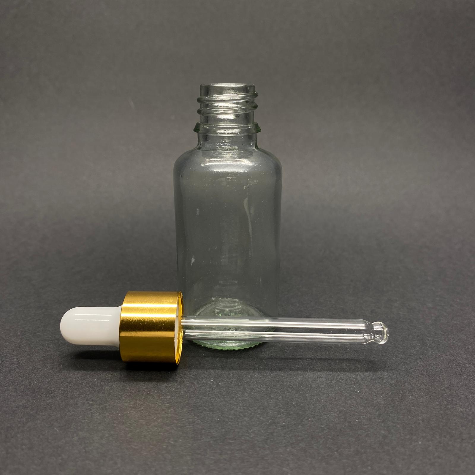 30 Cc Şeffaf Cam Damlalıklı Şişe - Beyaz Emzik - Gold Metalik Kapak - 30 Ml Saydam Cam Damlalıklı Şişe - 30 Ml Serum Şişesi - Damlalıklı Boş Şişe