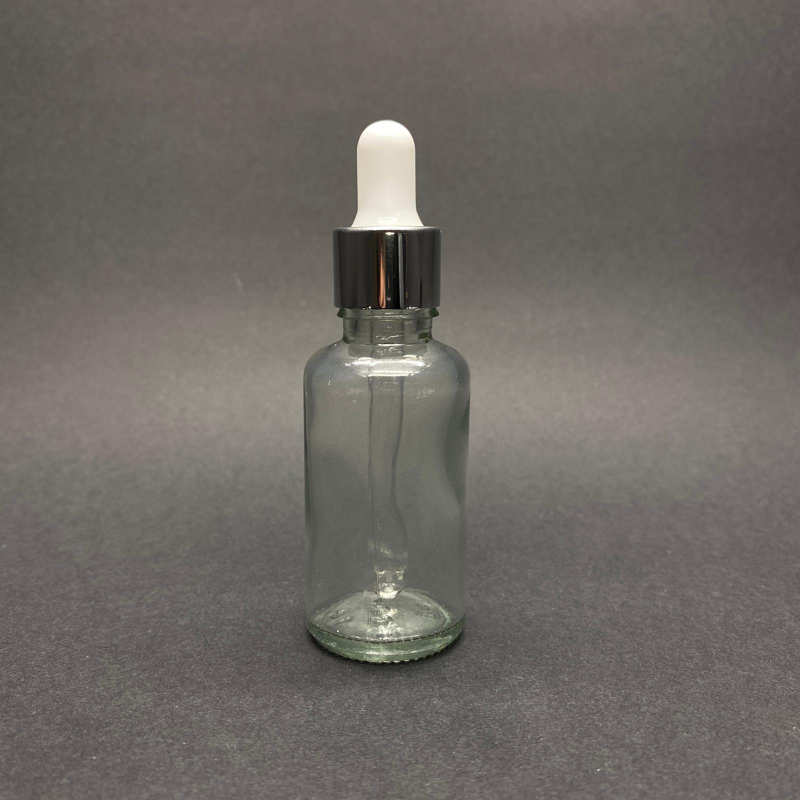 30 Cc Şeffaf Cam Damlalıklı Şişe - Beyaz Emzik - Gümüş Metalik Kapak - 30 Ml Saydam Cam Damlalıklı Şişe - 30 Ml Serum Şişesi