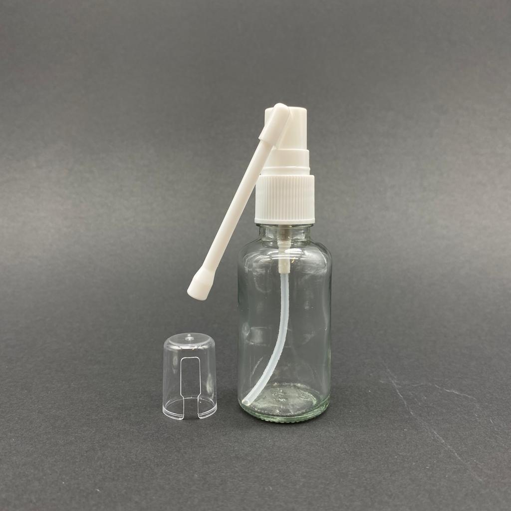 30 Cc Şeffaf Cam Şişe - Beyaz Oral (Boğaz) Spreyli Takım - 30 Ml Spreyli Cam Şişe