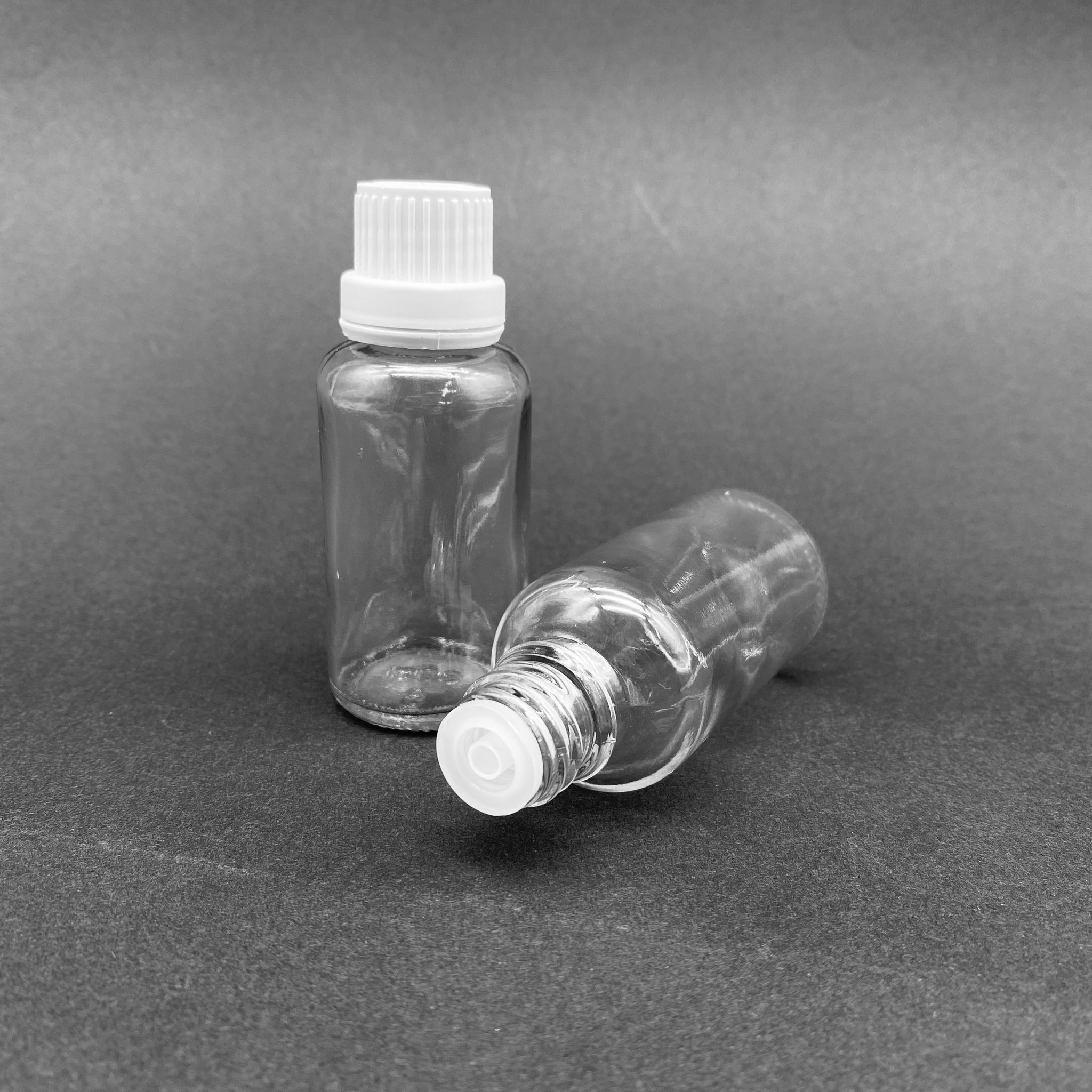 30 Cc Şeffaf İçten Damlalıklı - Beyaz Kilit Kapaklı Cam Şişe - 30 Ml Şeffaf Standart İçten Damlalıklı Cam Şişe