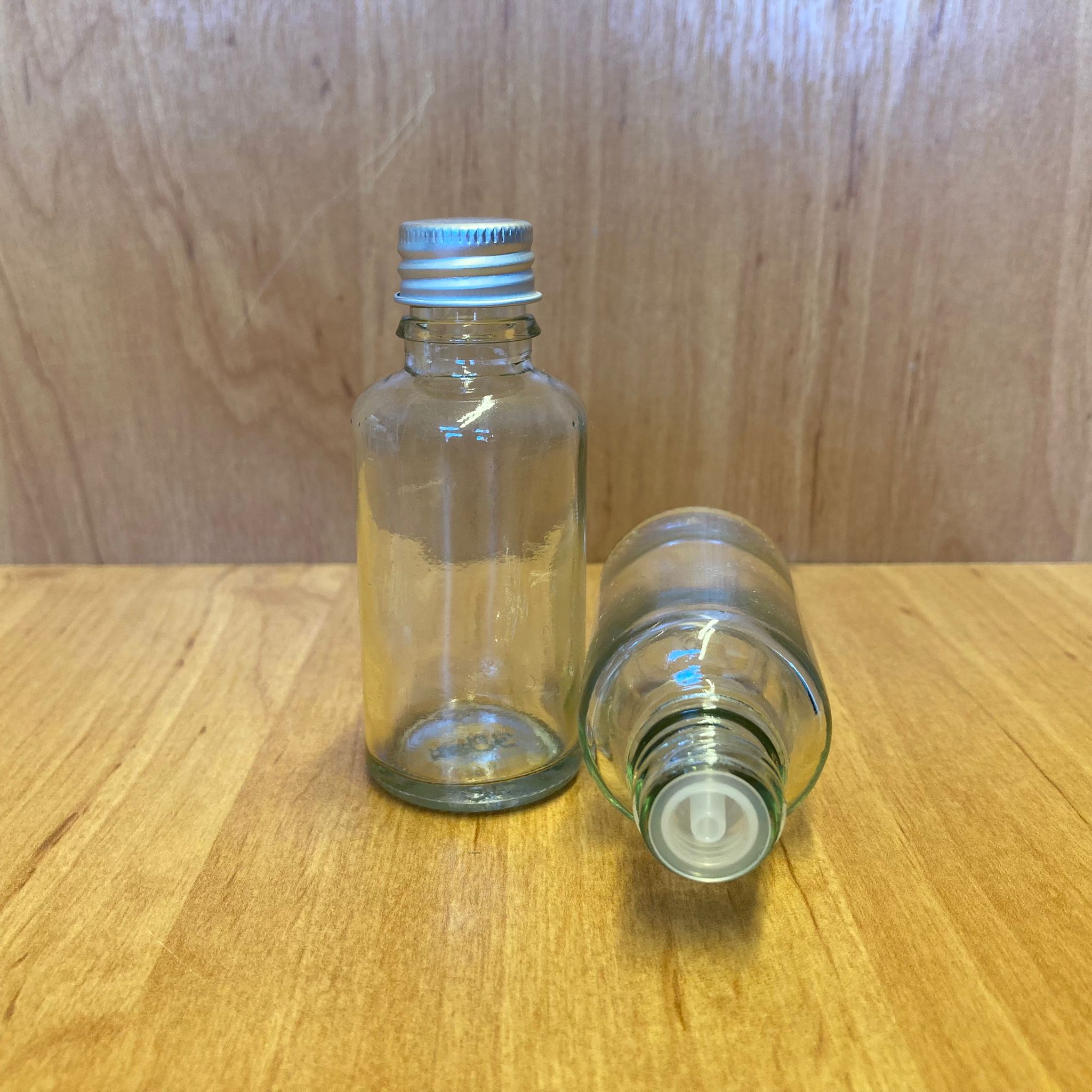 30 Cc Şeffaf İçten Damlalıklı - Gümüş Metal Kapaklı Cam Şişe - 30 Ml Kolonya Tıpalı Cam Şişe
