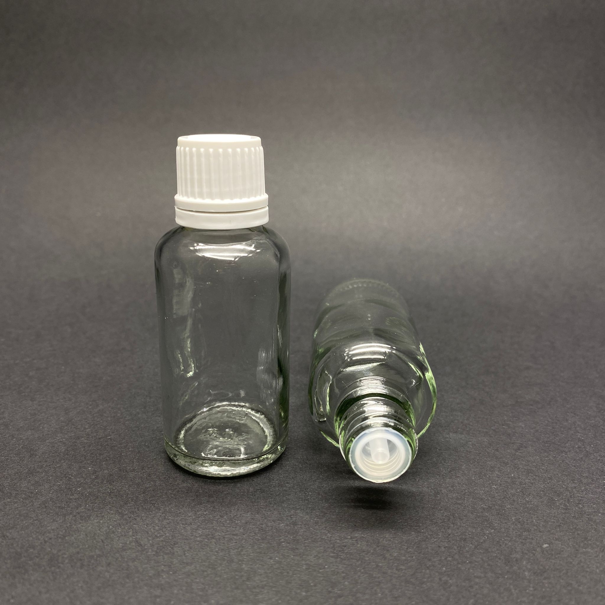 30 Cc Şeffaf İçten Damlalıklı (Opsiyonel Damlalık) - Beyaz Kilitli Kapaklı Cam Şişe - 30 Ml Saydam Kolonya Tıpalı Cam Şişe