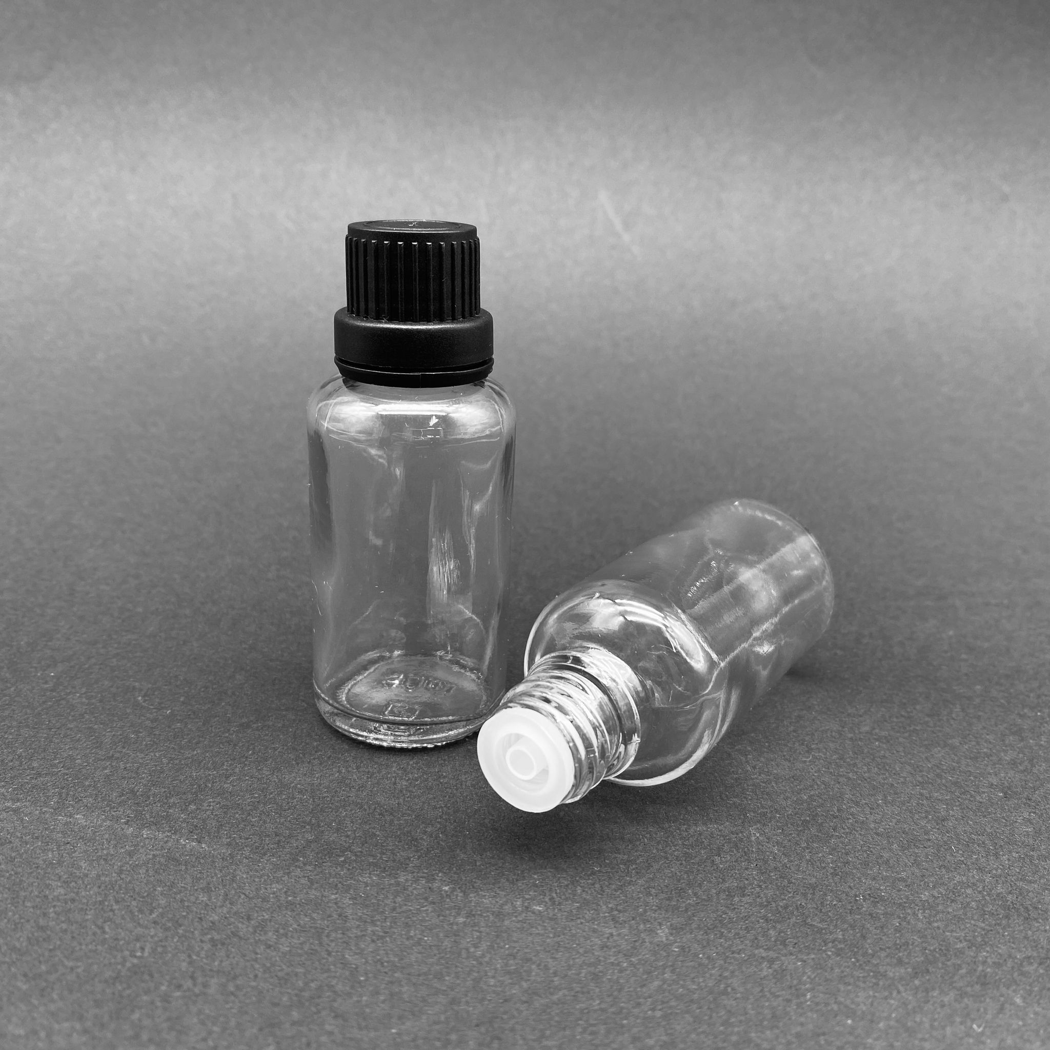 30 Cc Şeffaf İçten Damlalıklı - Siyah Kilit Kapaklı Cam Şişe - 30 Ml Şeffaf Standart İçten Damlalıklı Cam Şişe