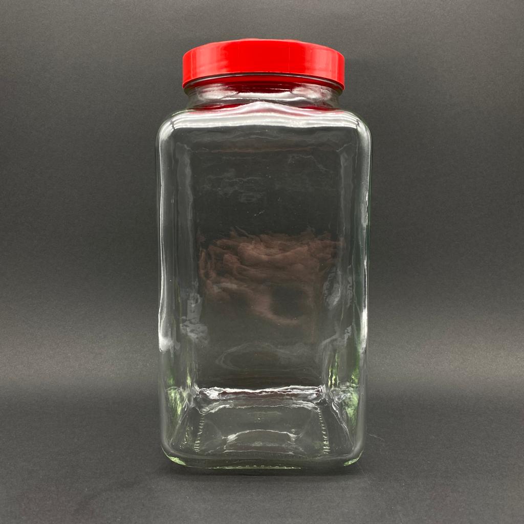 3000 Cc Köşeli Cam Kavanoz - Kırmızı Plastik Kapaklı - 3 Litre Cam Kare Kavanoz