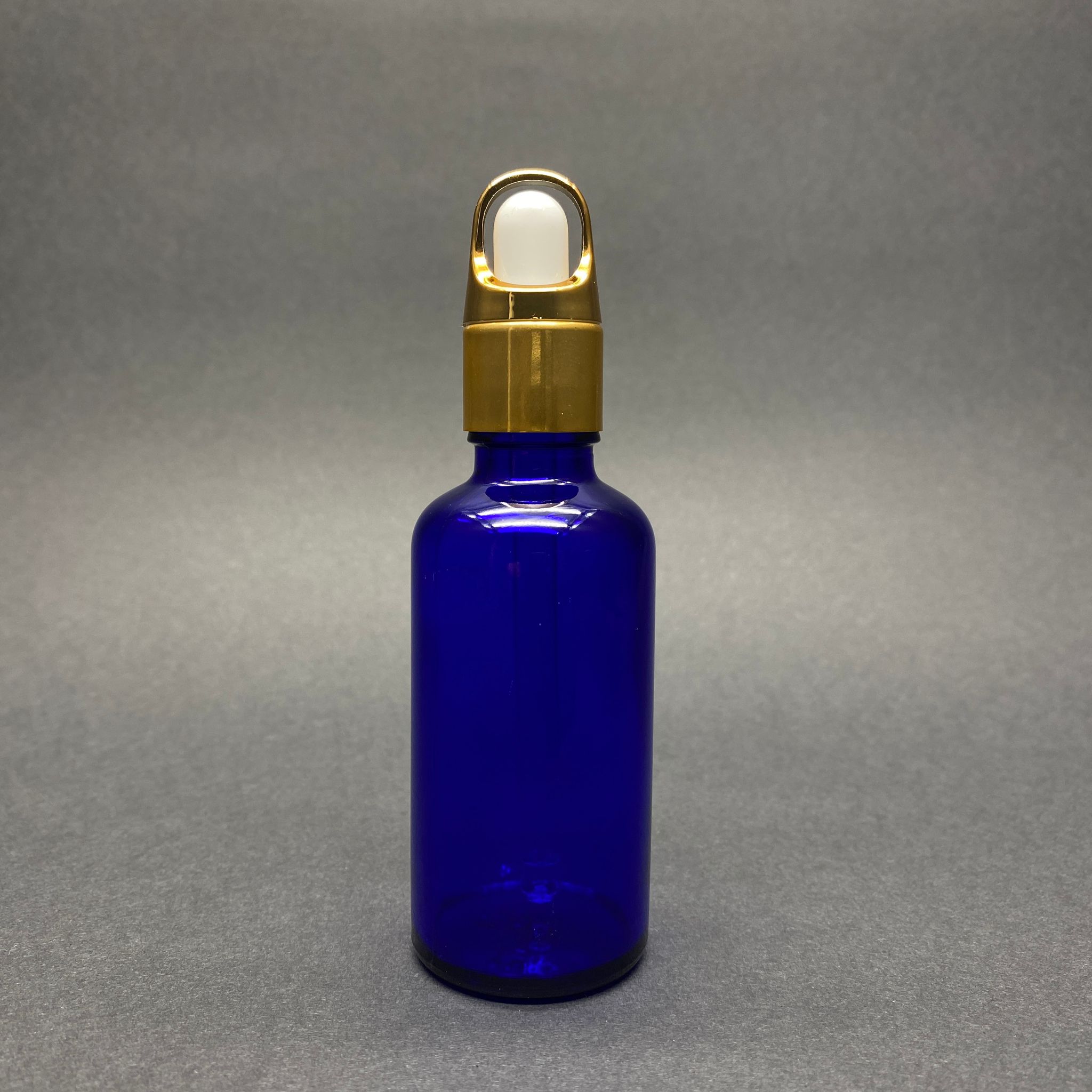 50 Cc Mavi Cam Damlalıklı Şişe - Beyaz Emzik - Gold Flower Sepet Model Metalik Kapak - 50 Ml Cam Damlalıklı Şişe