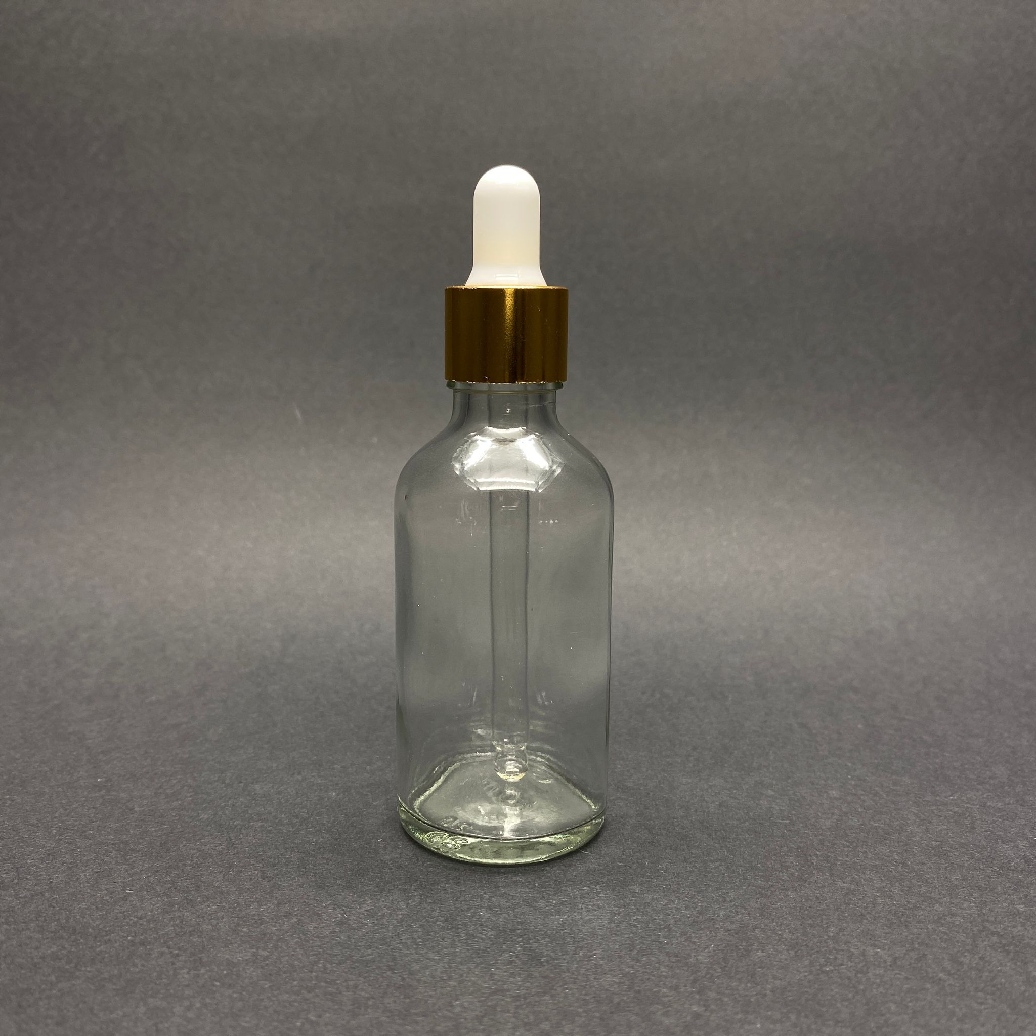 50 Cc Şeffaf Cam Damlalıklı Şişe - Beyaz Emzik - Gold Metalik  Kapak - 50 Ml Saydam Cam Damlalıklı Şişe