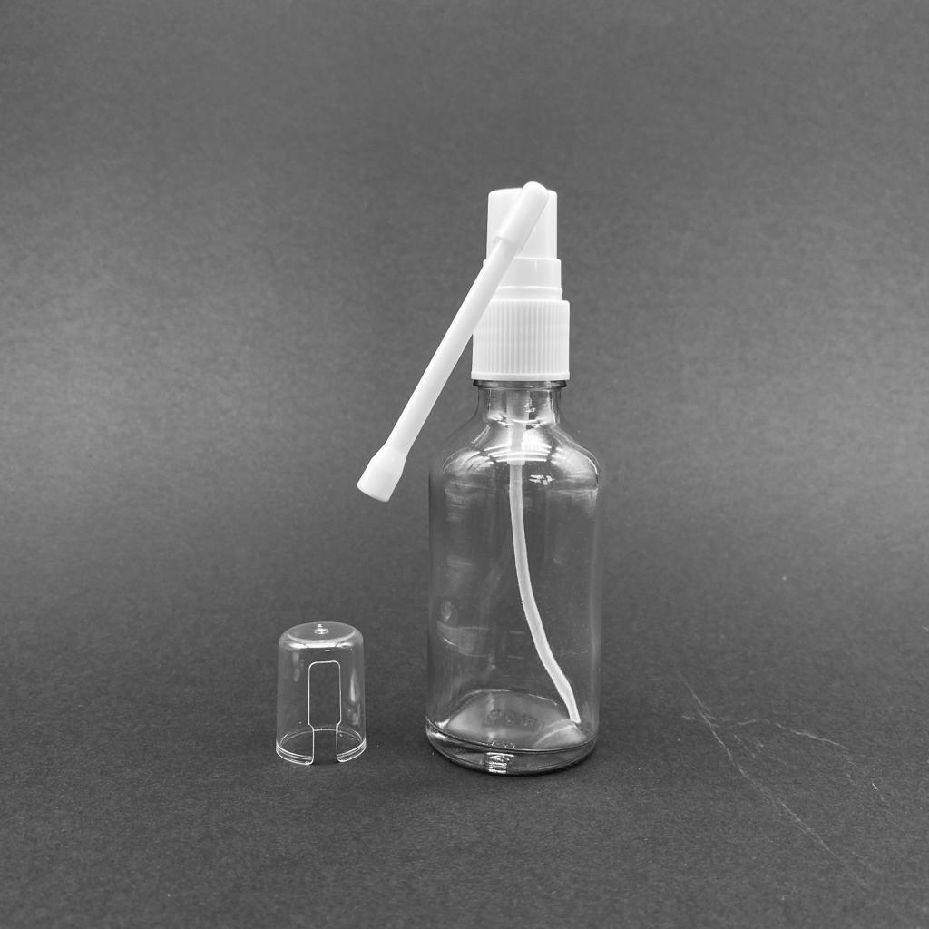 50 Cc Şeffaf Cam Şişe - Beyaz Oral (Boğaz) Spreyli Takım - 50 Ml Spreyli Cam Şişe