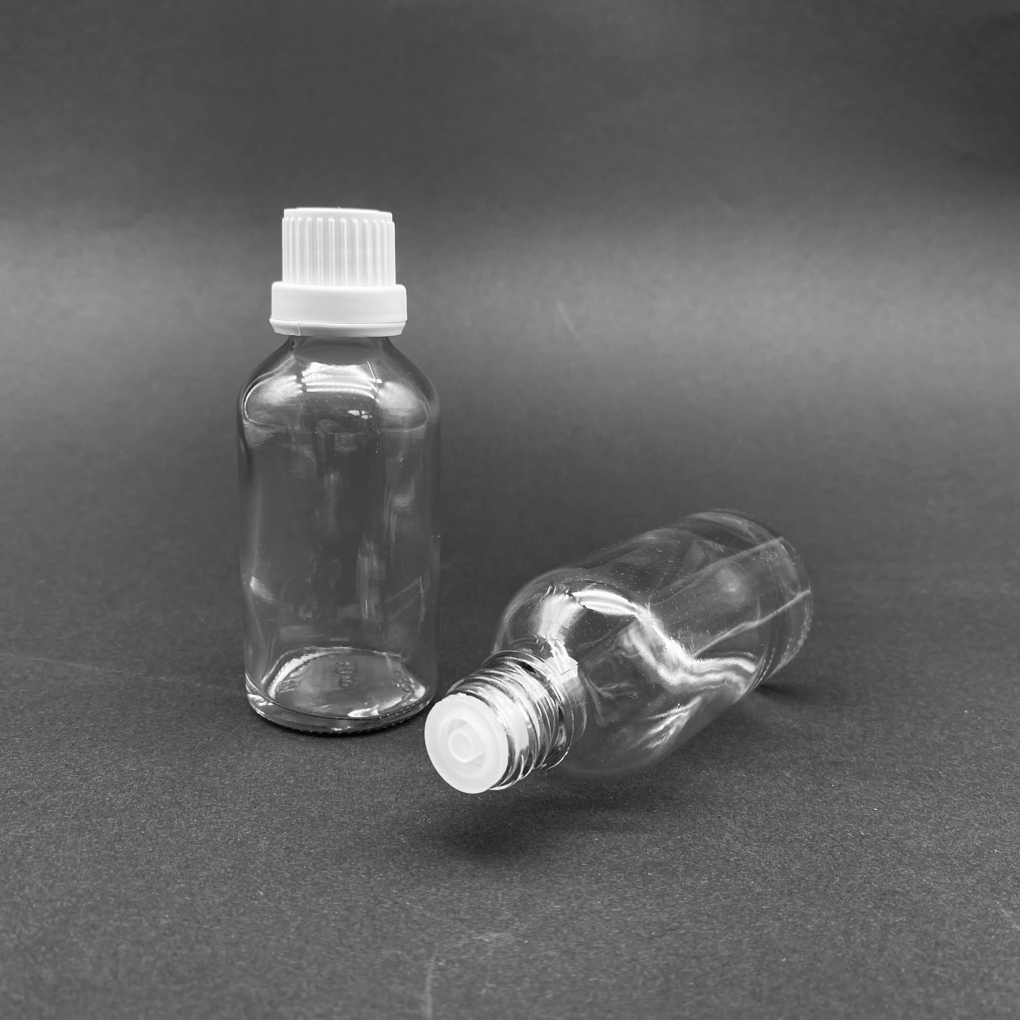 50 Cc Şeffaf İçten Damlalıklı - Beyaz Kilit Kapaklı Cam Şişe - 50 Ml Saydam Standart İçten Damlalıklı Cam Şişe