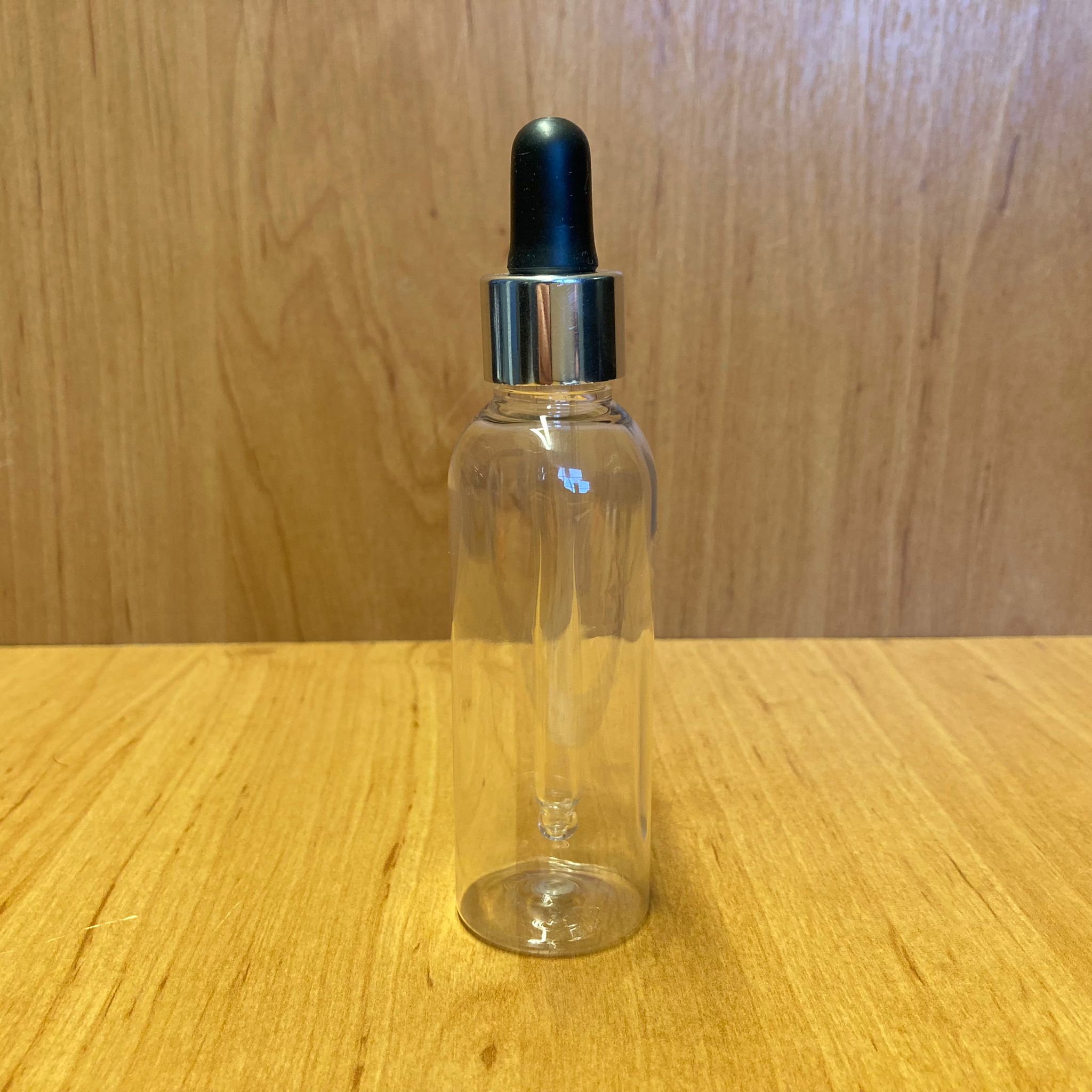 50 Cc Şeffaf Silindir Plastik Cam Damlalıklı Şişe - Siyah Emzik - Gümüş Metalik Kapak - 50 Ml Plastik Cam Damlalıklı Şişe