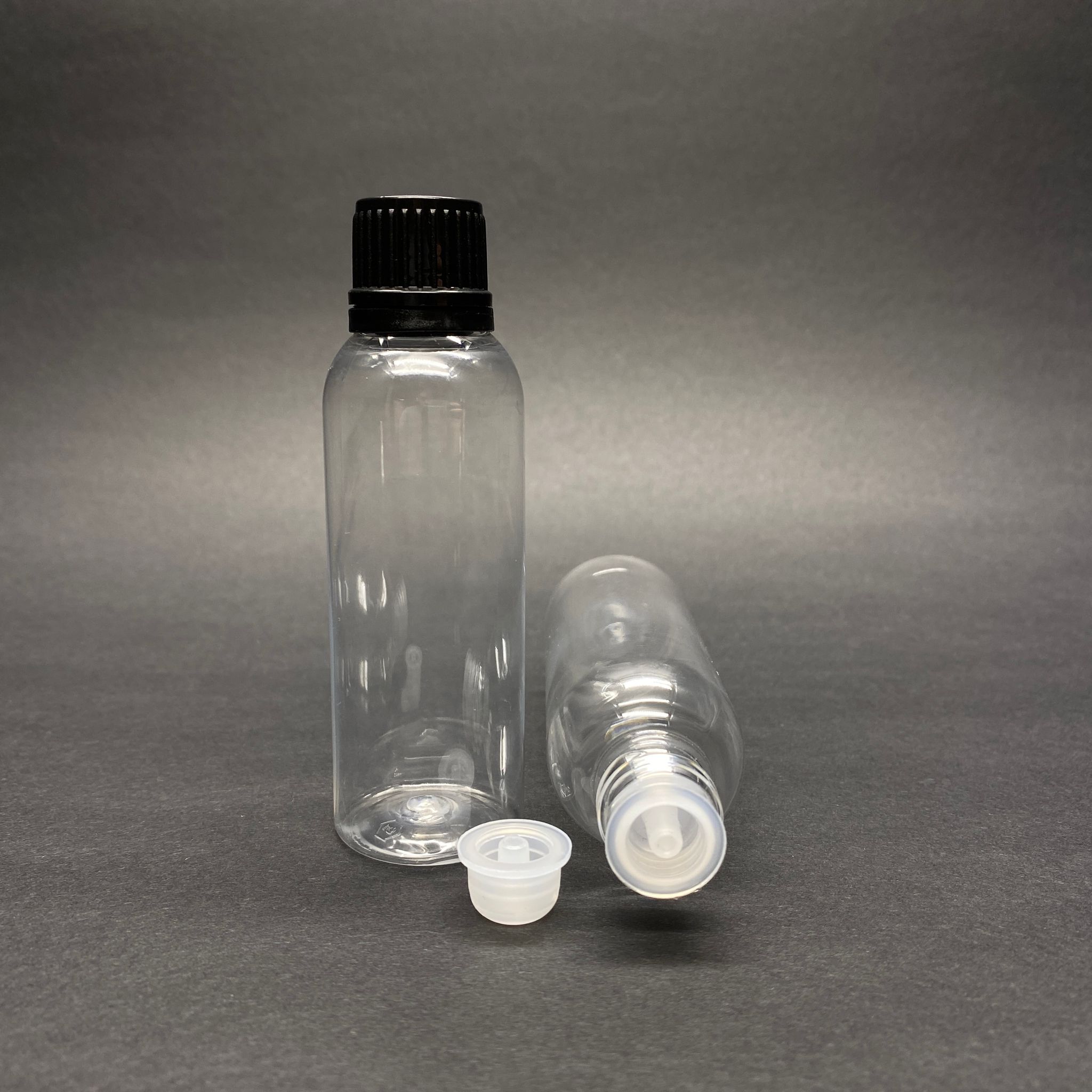 50 Cc Şeffaf Silindir Uzun Model Pet Şişe - Siyah Kapaklı + Kolonya Tıpalı - 50 Ml Sert Plastik Şişe