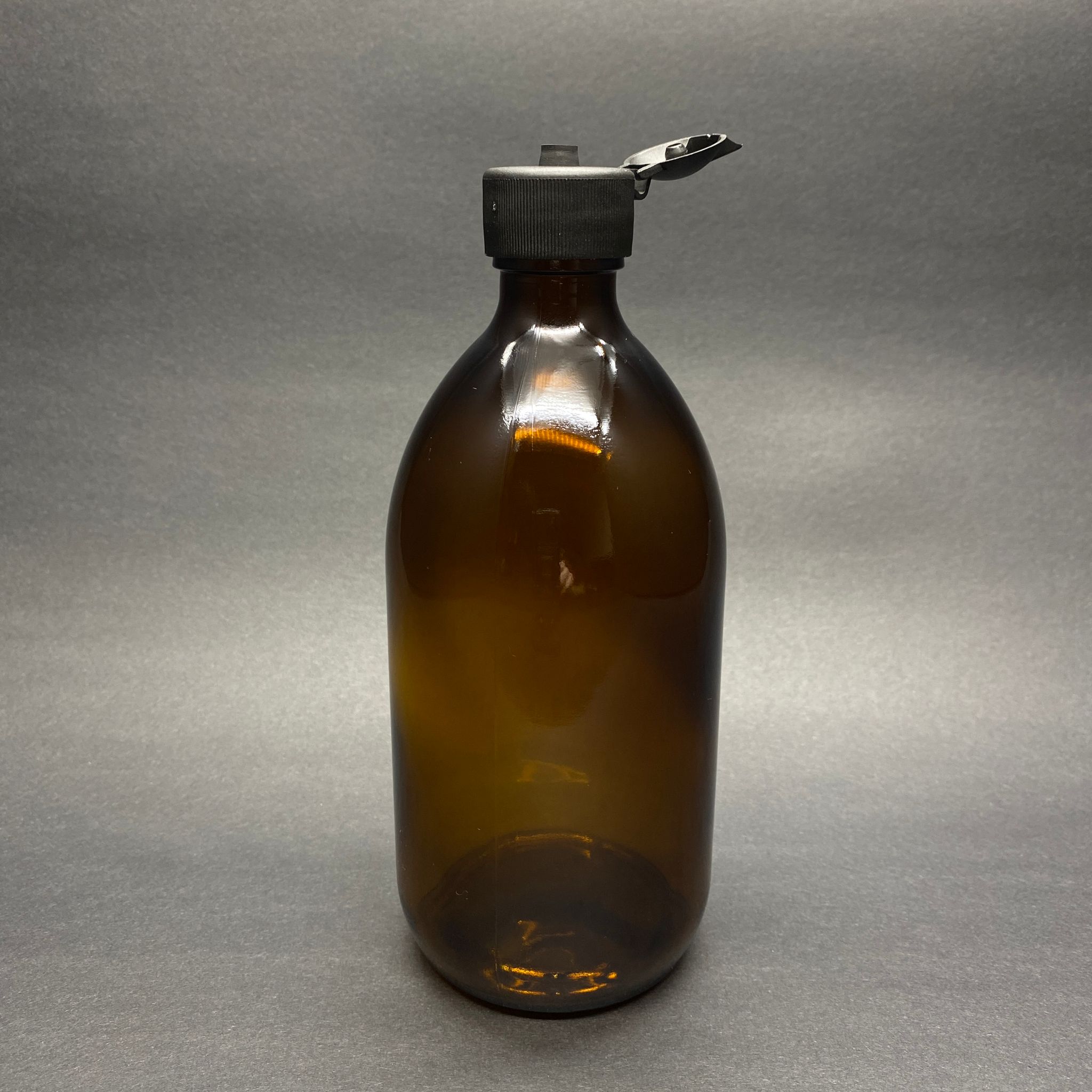 500 Cc Amber Tombul Özel Seri Cam Şişe - Akıtıcılı Siyah Fliptop Kapaklı - 500 Ml Cam Ecza Şişesi - Kahverengi