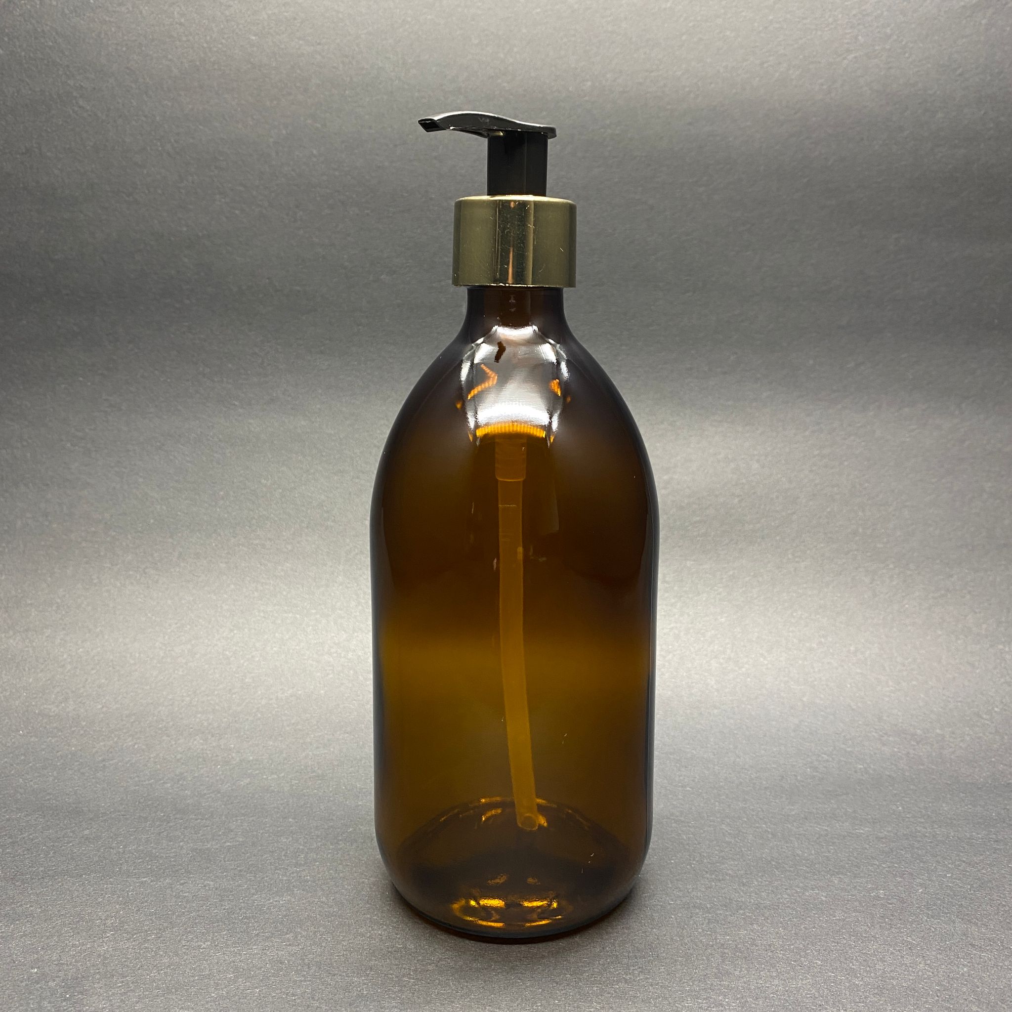 500 Cc Amber Tombul Özel Seri Cam Şişe - Gold Metal Kaplamalı Pompalı - 500 Ml Cam Ecza Şişesi - Kahverengi