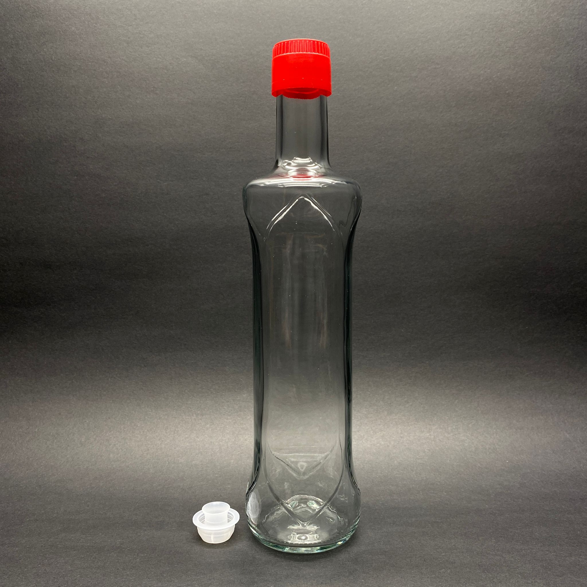 500 Cc Dorika Oval Desenli Cam Şişe - Kırmızı Drop - Stop Kilitli Akıtıcılı Plastik Kapaklı - 500 Ml Yağ Şişesi - Sirke Şişesi