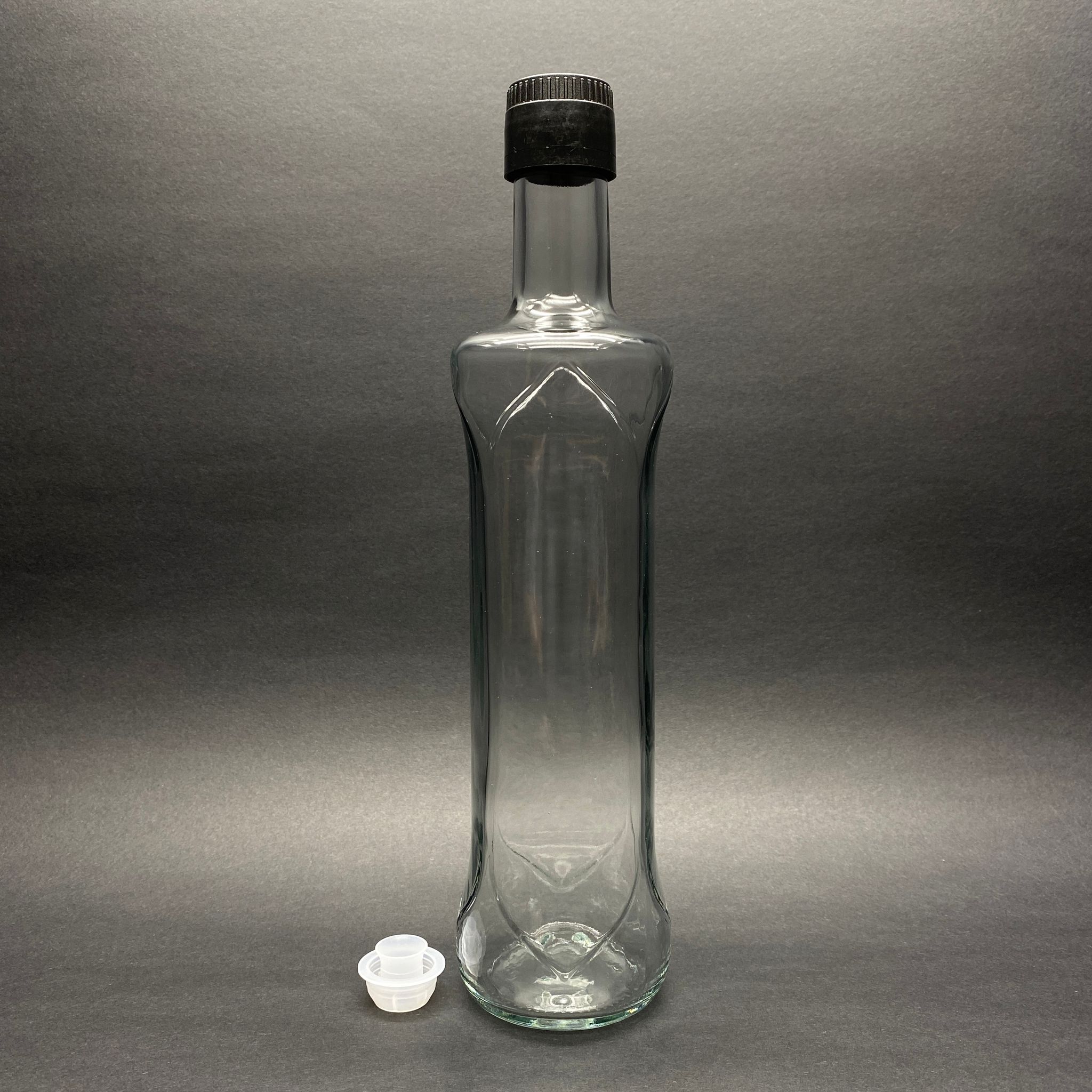 500 Cc Dorika Oval Desenli Cam Şişe - Siyah Drop - Stop Kilitli Akıtıcılı Plastik Kapaklı - 500 Ml Yağ Şişesi - Sirke Şişesi