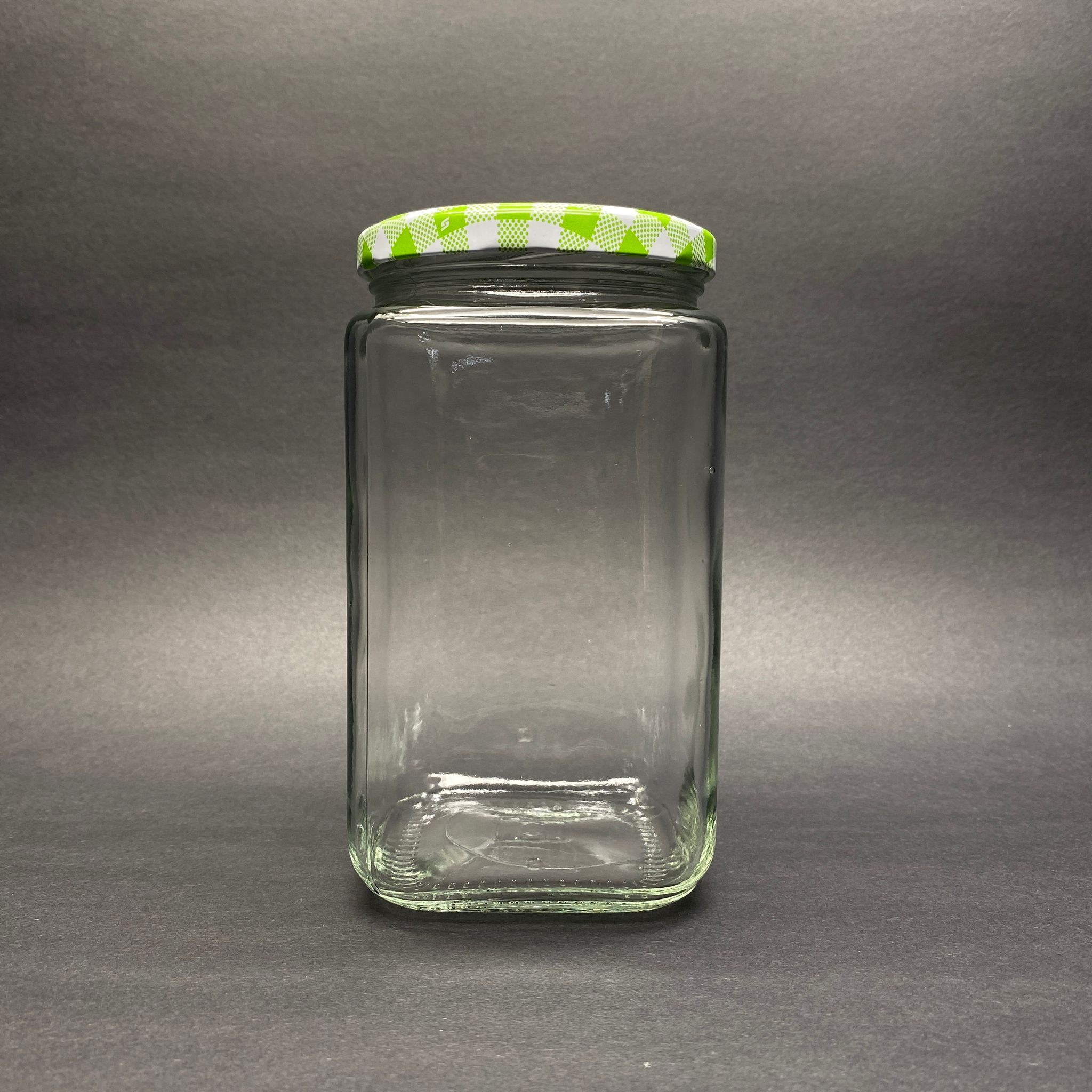 850 Cc Kare Cam Kavanoz - Yeşil Ekose Metal Kapaklı - 850 Ml Cam Konserve Kavanozları