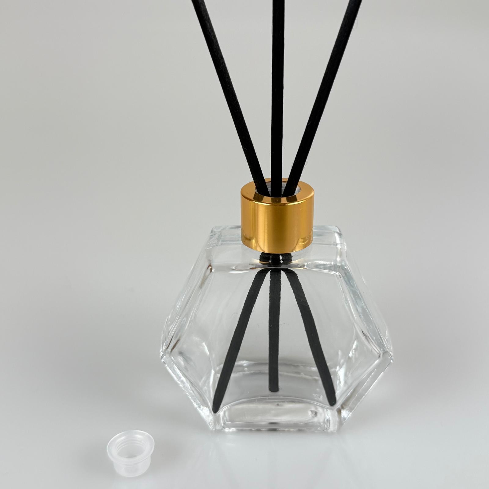 Altıgen Model Cam Bambu Oda Kokusu Şişesi + Metal Gold Kapak + Tıpa + 3 Adet Fiber Bambu Çubuk - 50 Ml Set Takım - Hediyelik Promosyon Diffuser Şişeleri