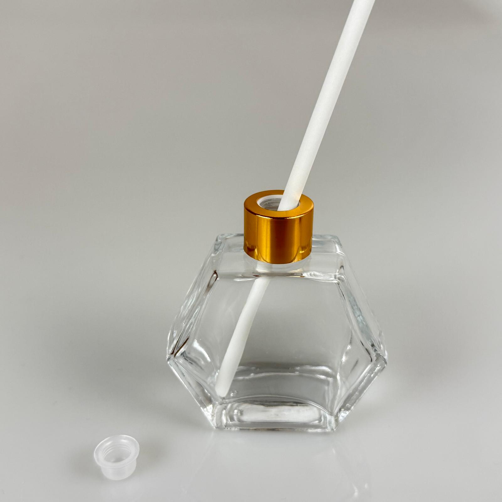 Altıgen Model Cam Bambu Oda Kokusu Şişesi + Metal Gold Kapak + Tıpa + Kalın Beyaz Fiber Bambu Çubuk - 50 Ml Set Takım - Hediyelik Promosyon Diffuser Şişeleri
