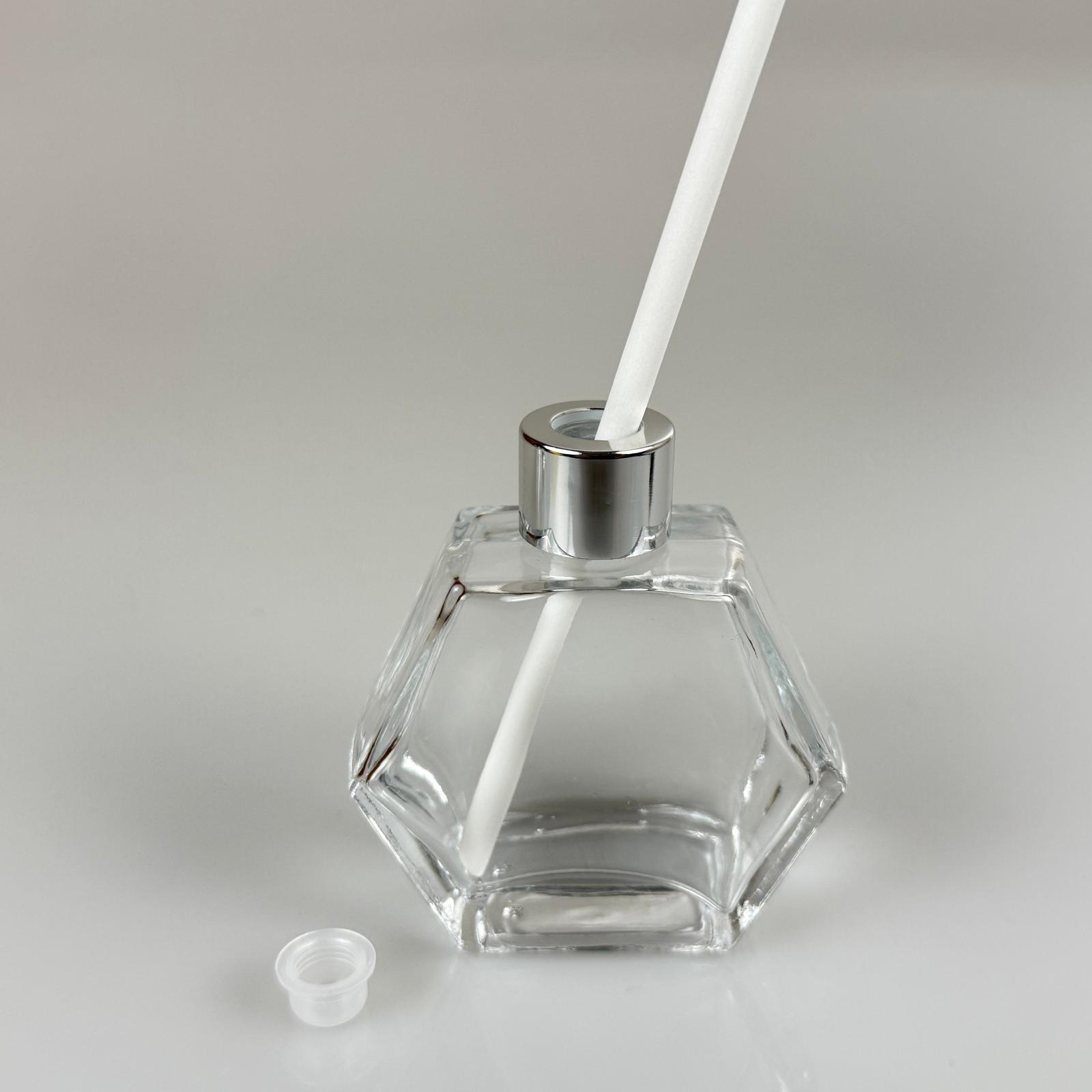 Altıgen Model Cam Bambu Oda Kokusu Şişesi + Metal Gümüş Kapak + Tıpa + Kalın Beyaz Fiber Bambu Çubuk - 50 Ml Set Takım - Hediyelik Promosyon Diffuser Şişeleri