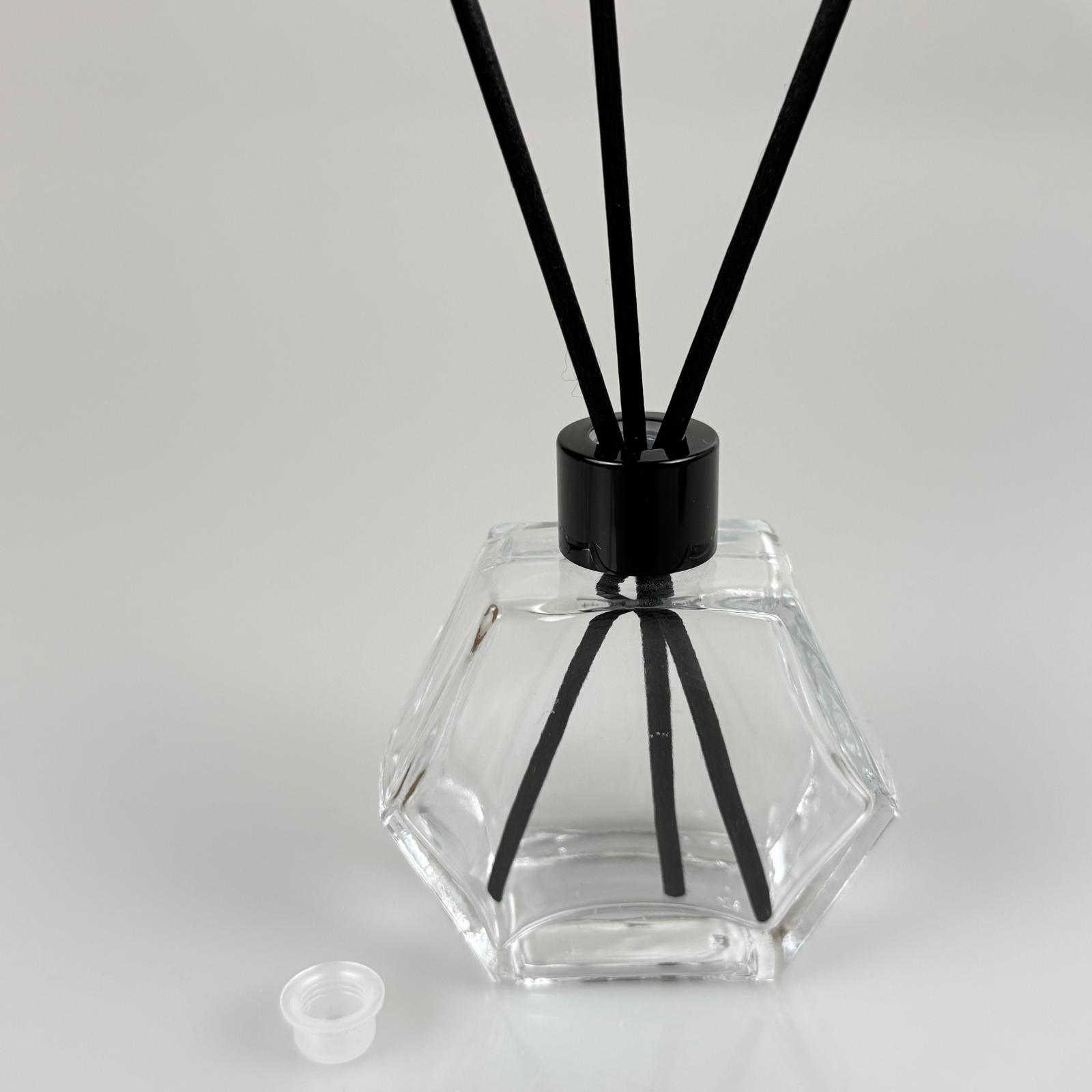 Altıgen Model Cam Bambu Oda Kokusu Şişesi + Metal Siyah Kapak + Tıpa + 3 Adet Fiber Bambu Çubuk - 50 Ml Set Takım - Hediyelik Promosyon Diffuser Şişeleri