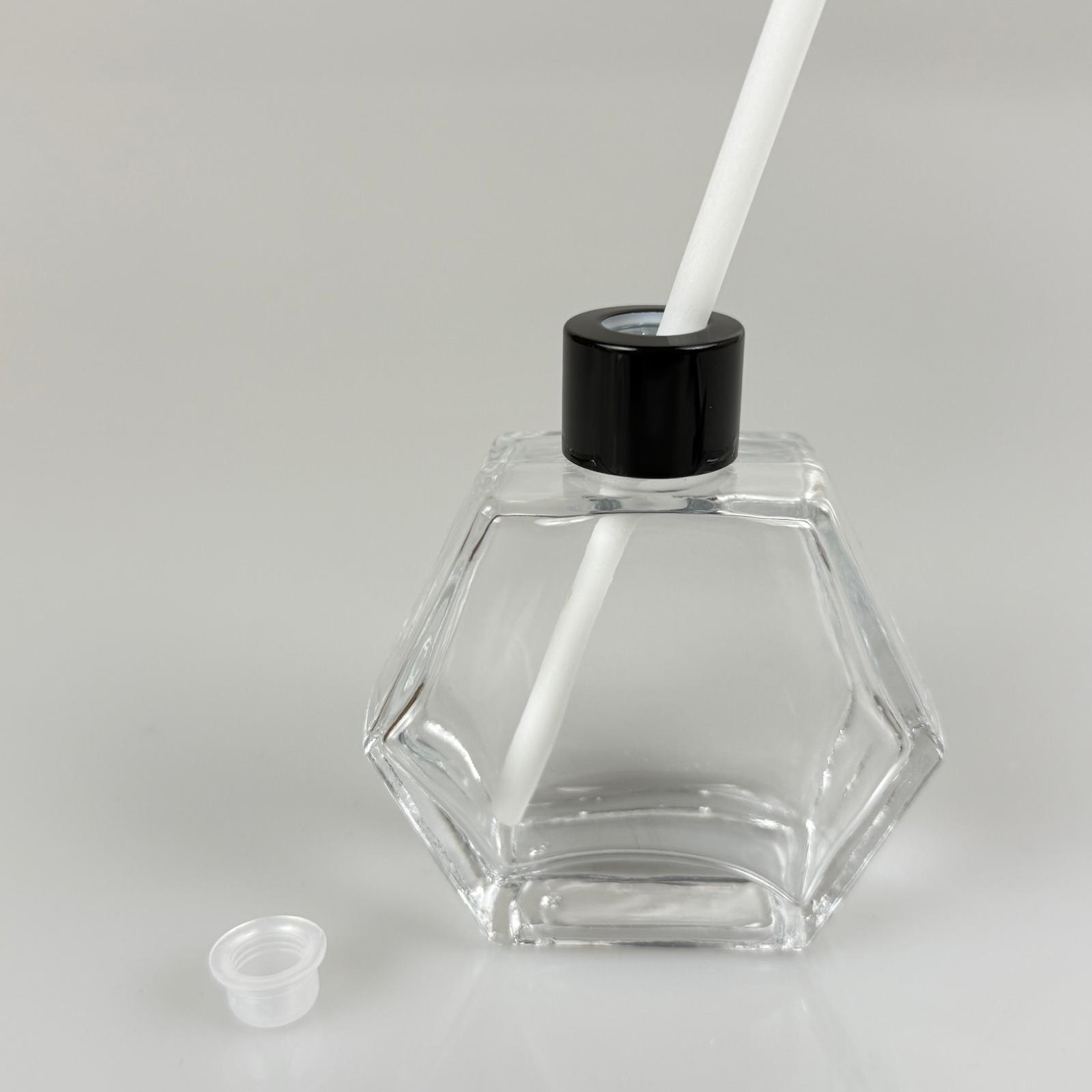 Altıgen Model Cam Bambu Oda Kokusu Şişesi + Metal Siyah Kapak + Tıpa + Kalın Beyaz Fiber Bambu Çubuk - 50 Ml Set Takım - Hediyelik Promosyon Diffuser Şişeleri