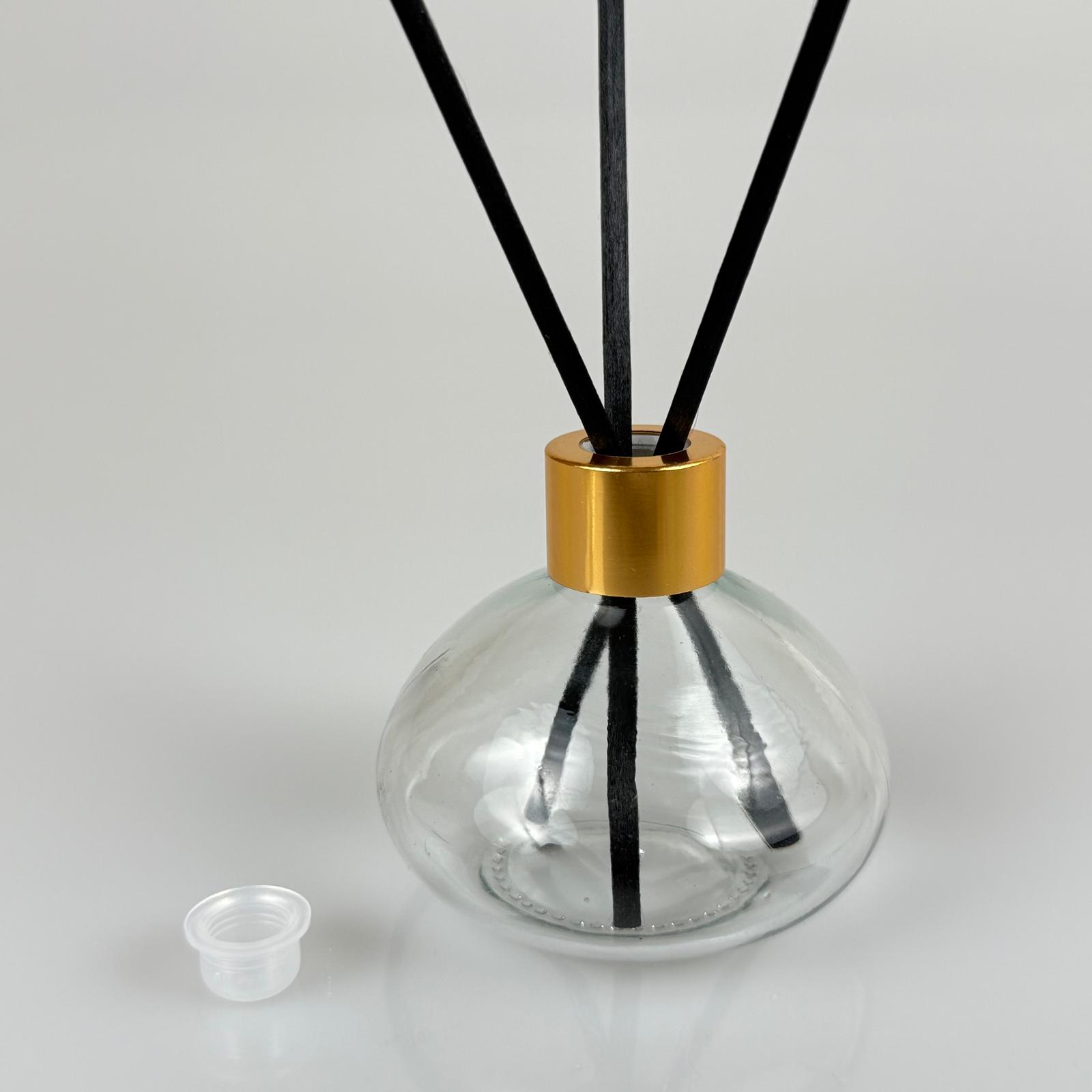 Basık Model Cam Bambu Oda Kokusu Şişesi + Metal Gold Kapak + Tıpa + 3 Adet Fiber Bambu Çubuk - 50 Ml Set Takım - Hediyelik Promosyon Diffuser Şişeleri