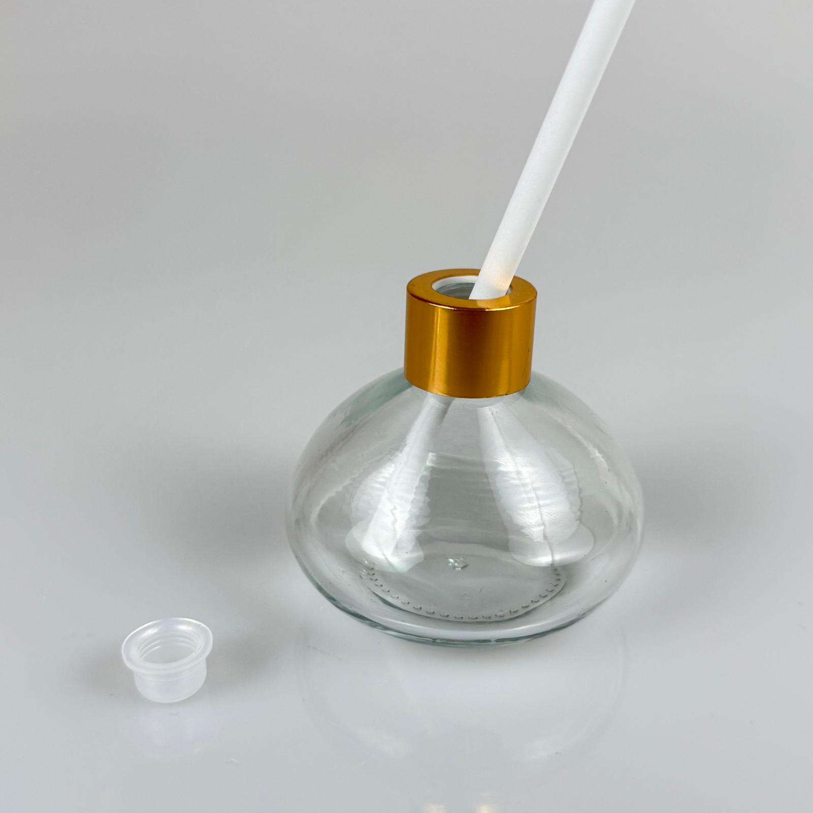 Basık Model Cam Bambu Oda Kokusu Şişesi + Metal Gold Kapak + Tıpa + Kalın Beyaz Fiber Bambu Çubuk - 50 Ml Set Takım - Hediyelik Promosyon Diffuser Şişeleri