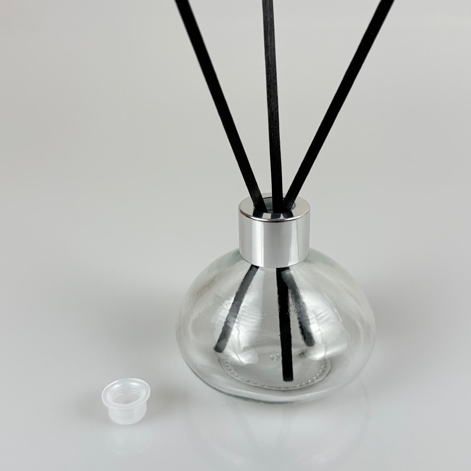 Basık Model Cam Bambu Oda Kokusu Şişesi + Metal Gümüş Kapak + Tıpa + 3 Adet Fiber Bambu Çubuk - 50 Ml Set Takım - Hediyelik Promosyon Diffuser Şişeleri