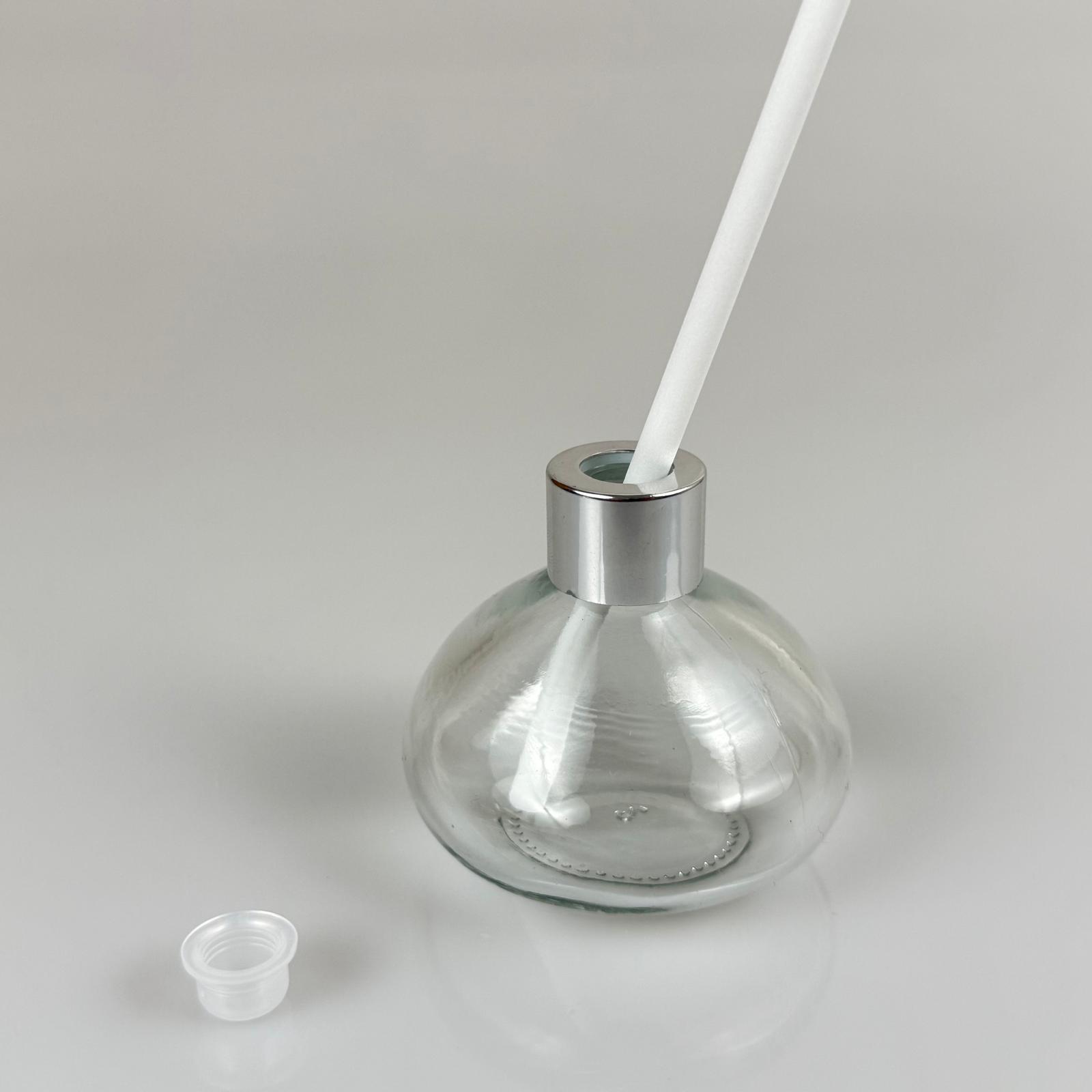Basık Model Cam Bambu Oda Kokusu Şişesi + Metal Gümüş Kapak + Tıpa + Kalın Beyaz Fiber Bambu Çubuk - 50 Ml Set Takım - Hediyelik Promosyon Diffuser Şişeleri