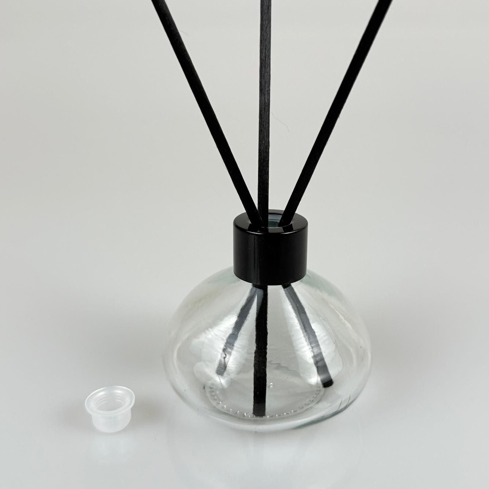 Basık Model Cam Bambu Oda Kokusu Şişesi + Metal Siyah Kapak + Tıpa + 3 Adet Fiber Bambu Çubuk - 50 Ml Set Takım - Hediyelik Promosyon Diffuser Şişeleri