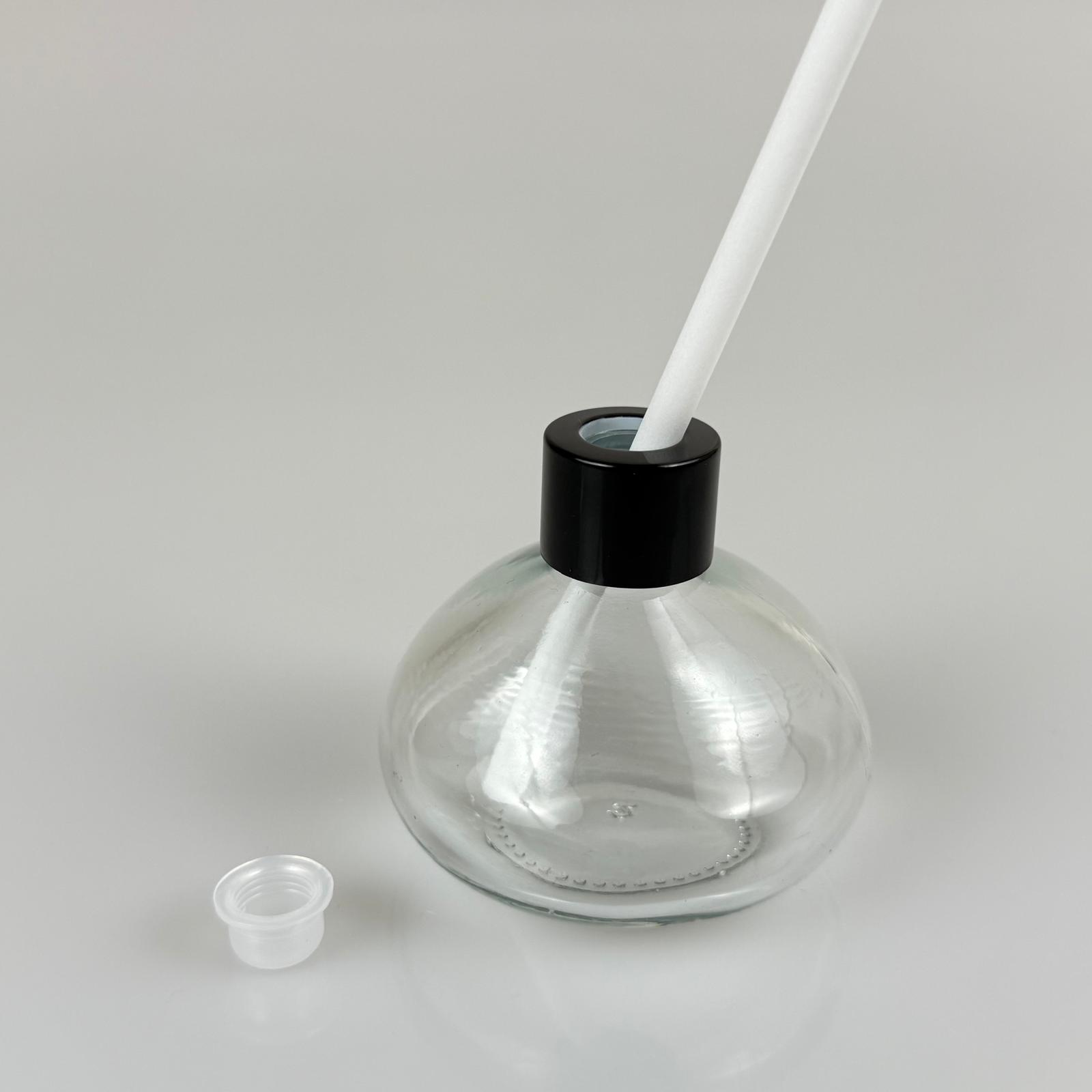 Basık Model Cam Bambu Oda Kokusu Şişesi + Metal Siyah Kapak + Tıpa + Kalın Beyaz Fiber Bambu Çubuk - 50 Ml Set Takım - Hediyelik Promosyon Diffuser Şişeleri