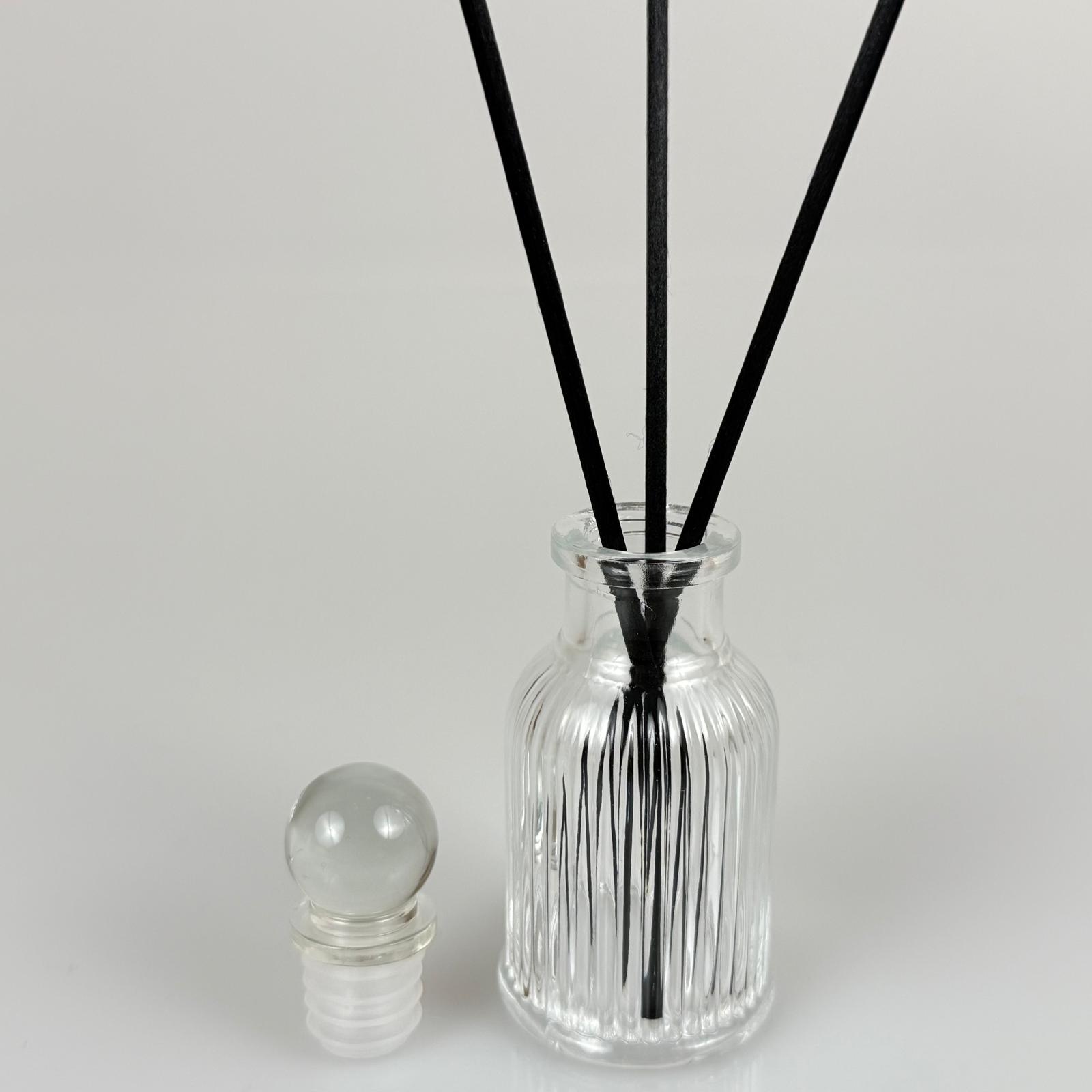 Çizgili Lüks Model Cam Bambu Oda Kokusu Şişesi + Cam Tıpa + 3 Adet Fiber Bambu Çubuk - 50 Ml Set Takım - Hediyelik Promosyon Lüx Diffuser Şişeleri